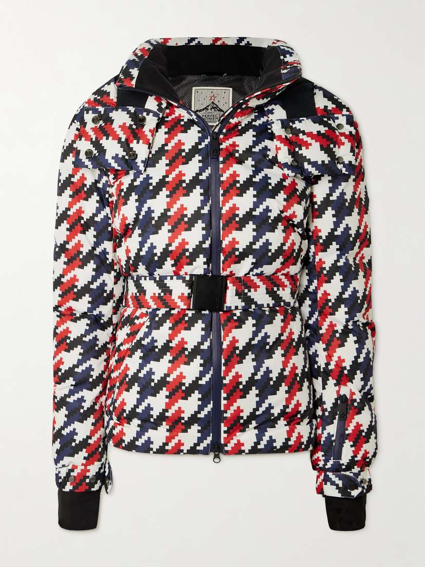 Perfect Moment Candice Hooded Belted Houndstooth Down Ski Jacket