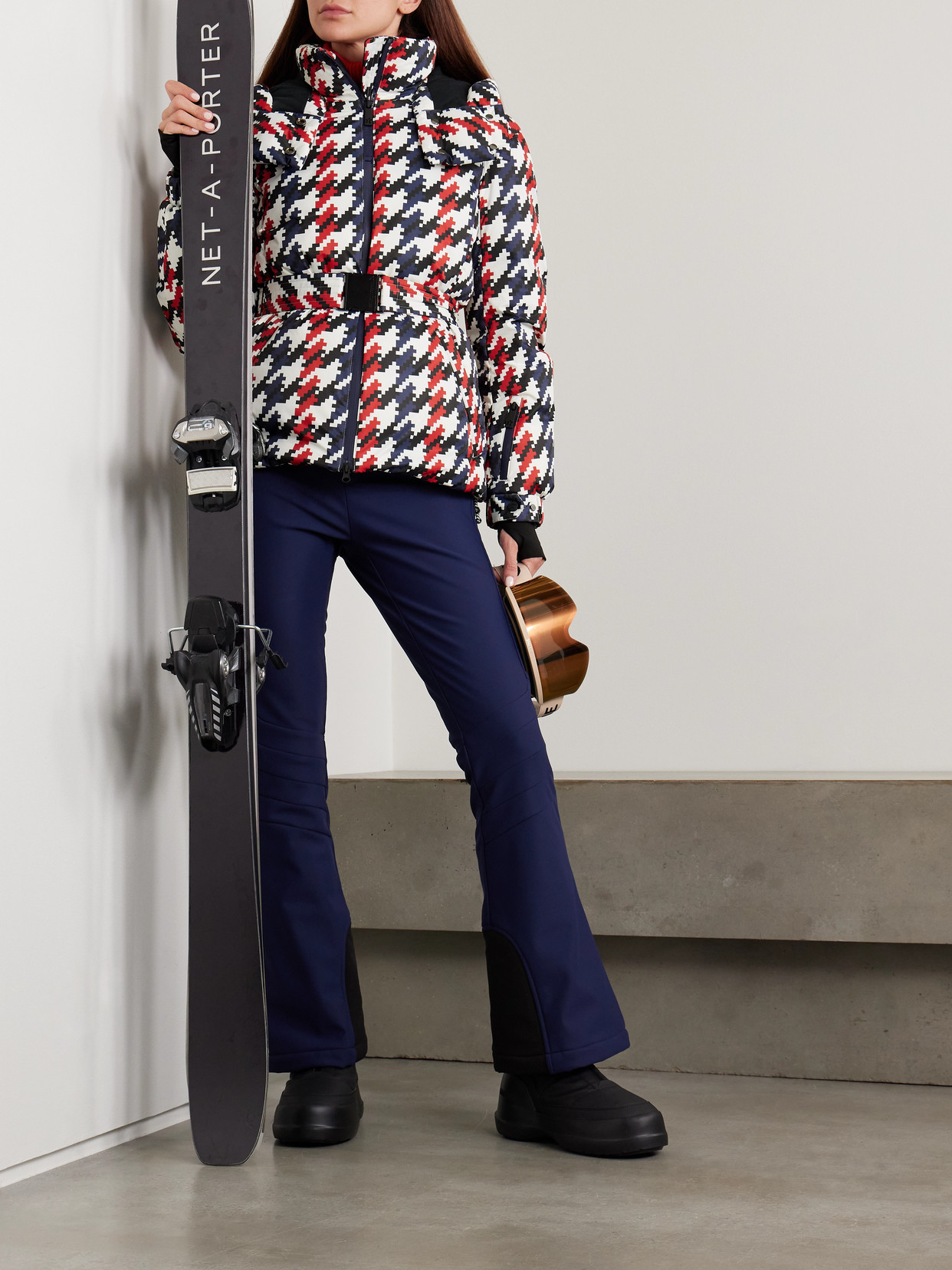 Perfect Moment Candice Hooded Belted Houndstooth Down Ski Jacket In Multi