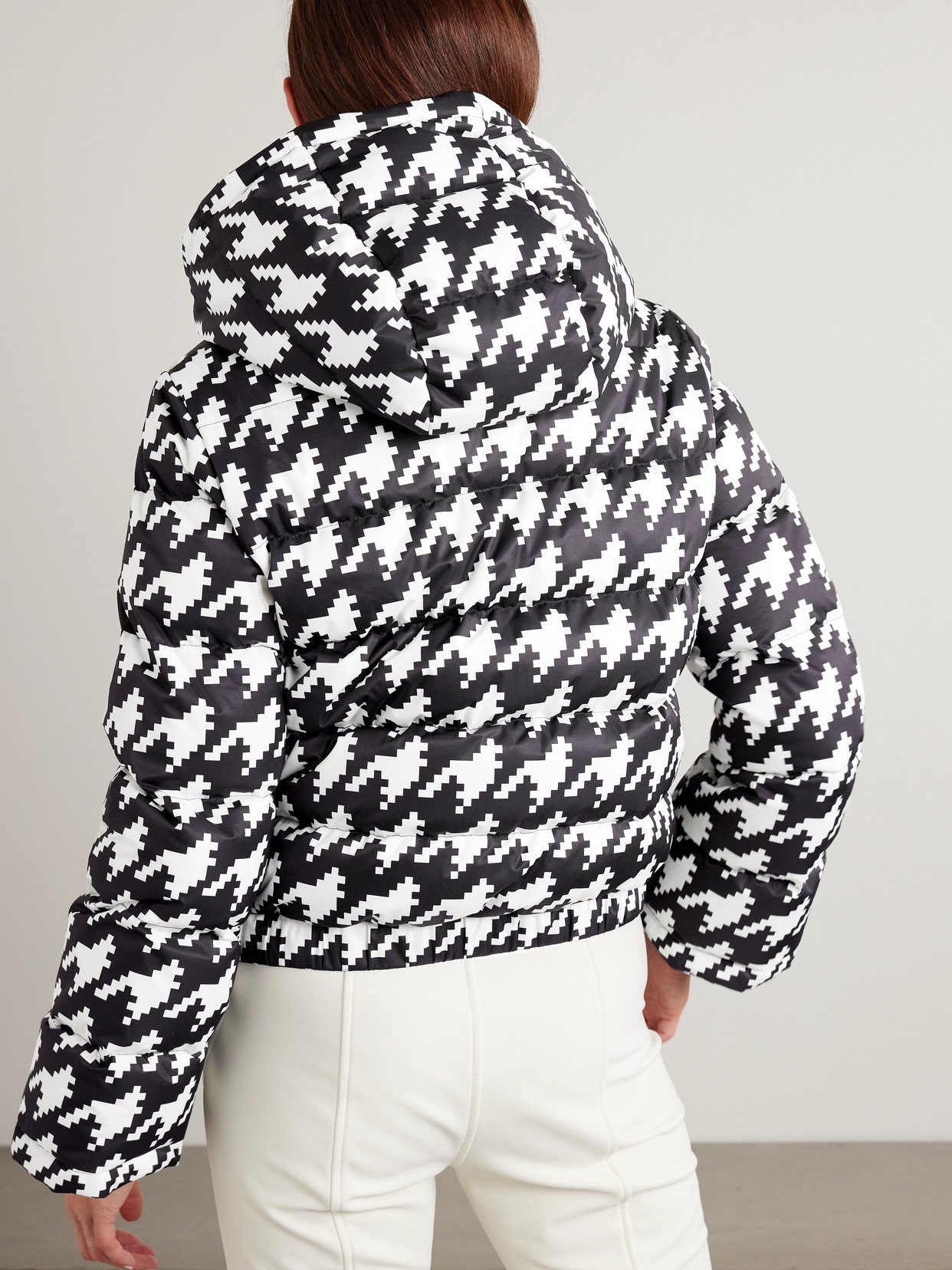 Perfect Moment Moment Houndstooth Hooded Embroidered Padded Down Ski Jacket In Multi