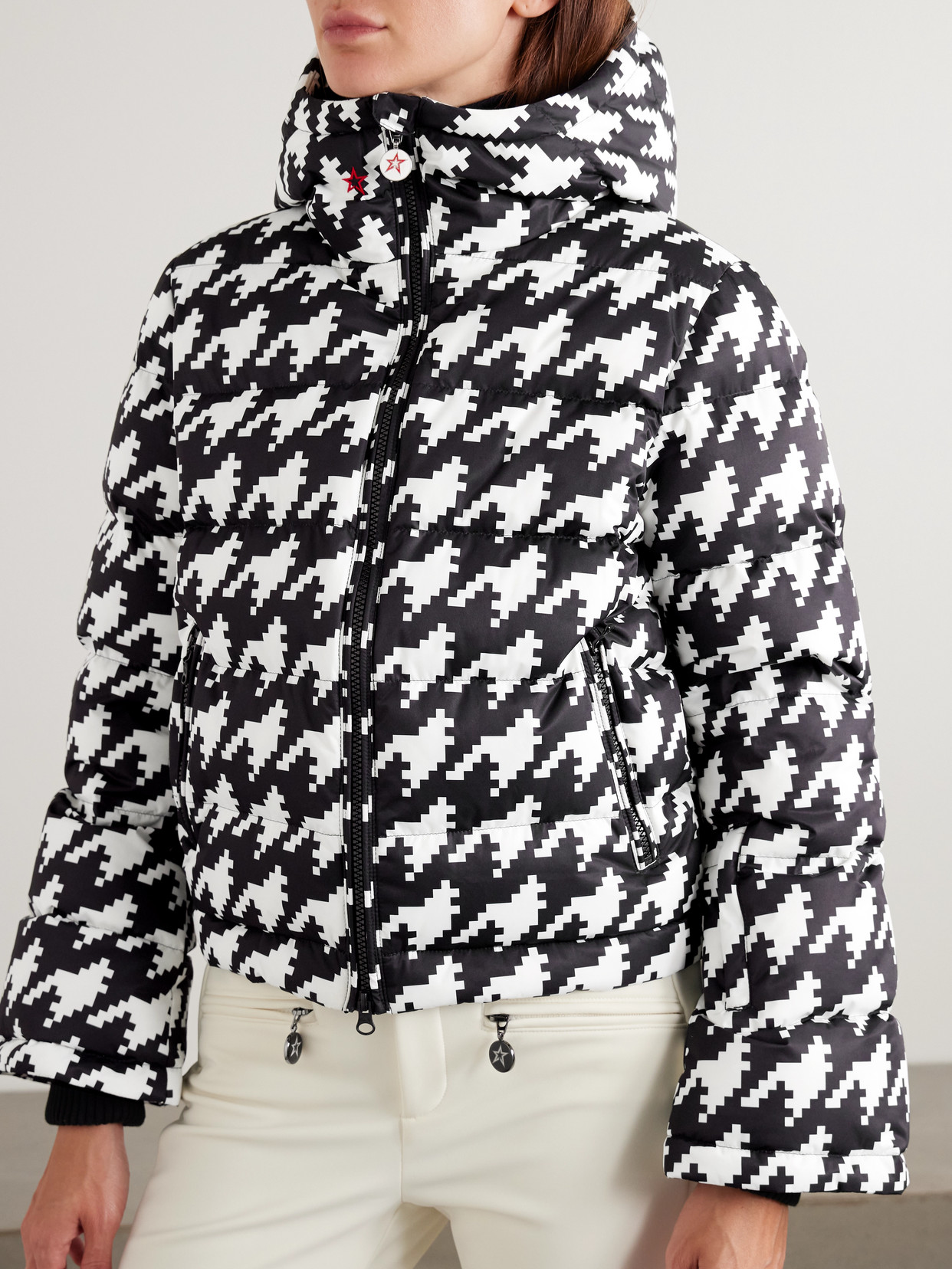 Perfect Moment Moment Houndstooth Hooded Embroidered Padded Down Ski Jacket In Multi