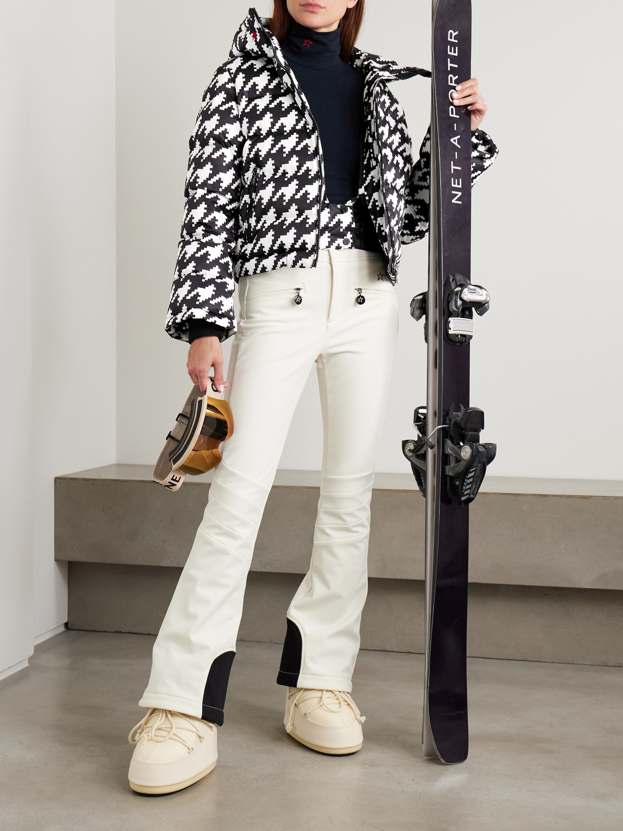 Perfect Moment Moment Houndstooth Hooded Embroidered Padded Down Ski Jacket In Multi