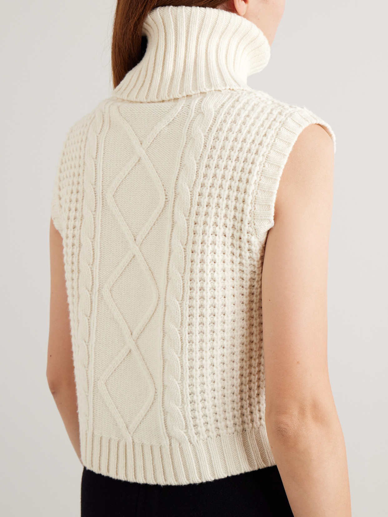 Perfect Moment Crystal Cropped Cable-knit Merino Wool Turtleneck Tank In White