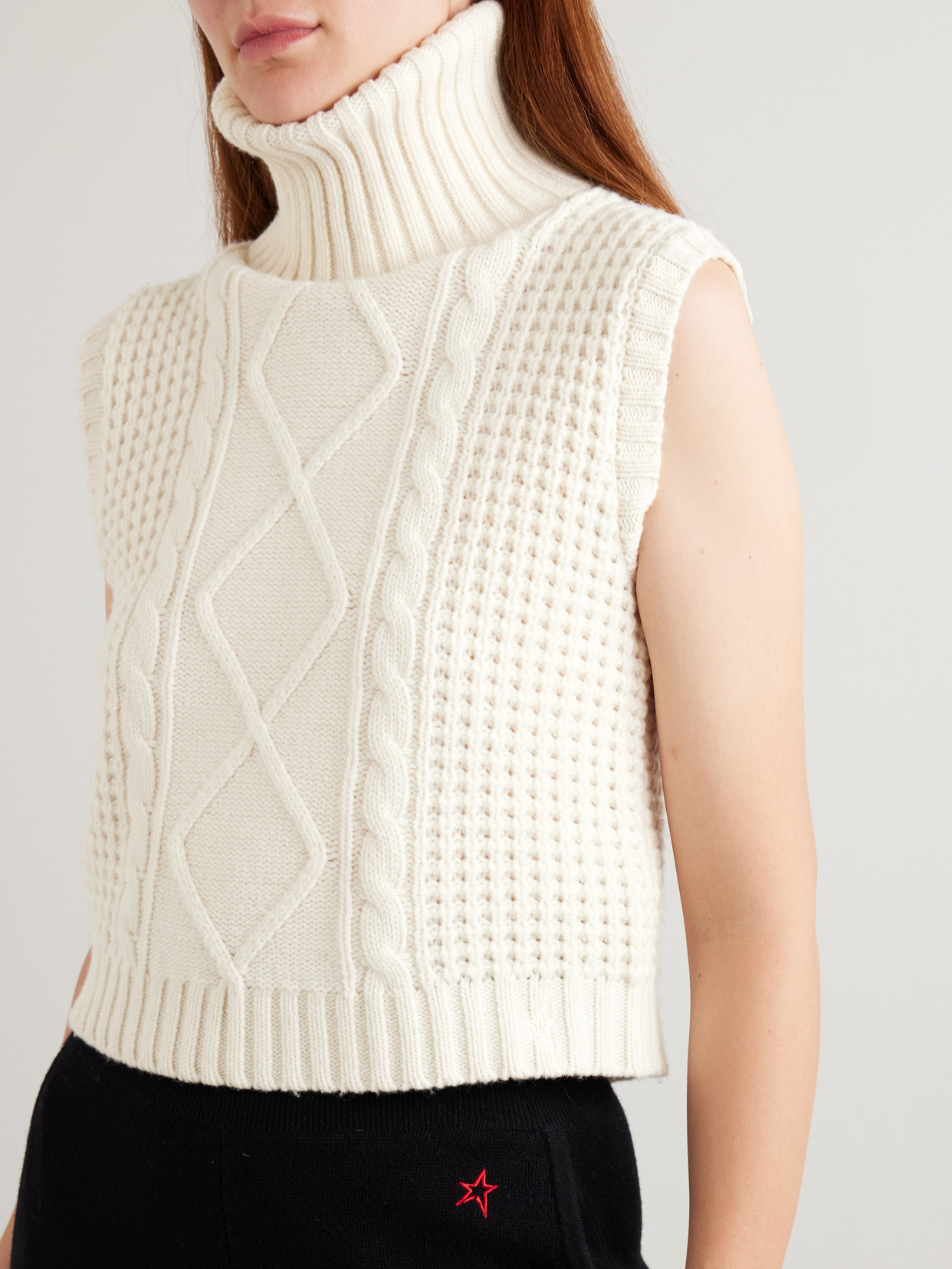 Perfect Moment Crystal Cropped Cable-knit Merino Wool Turtleneck Tank In White