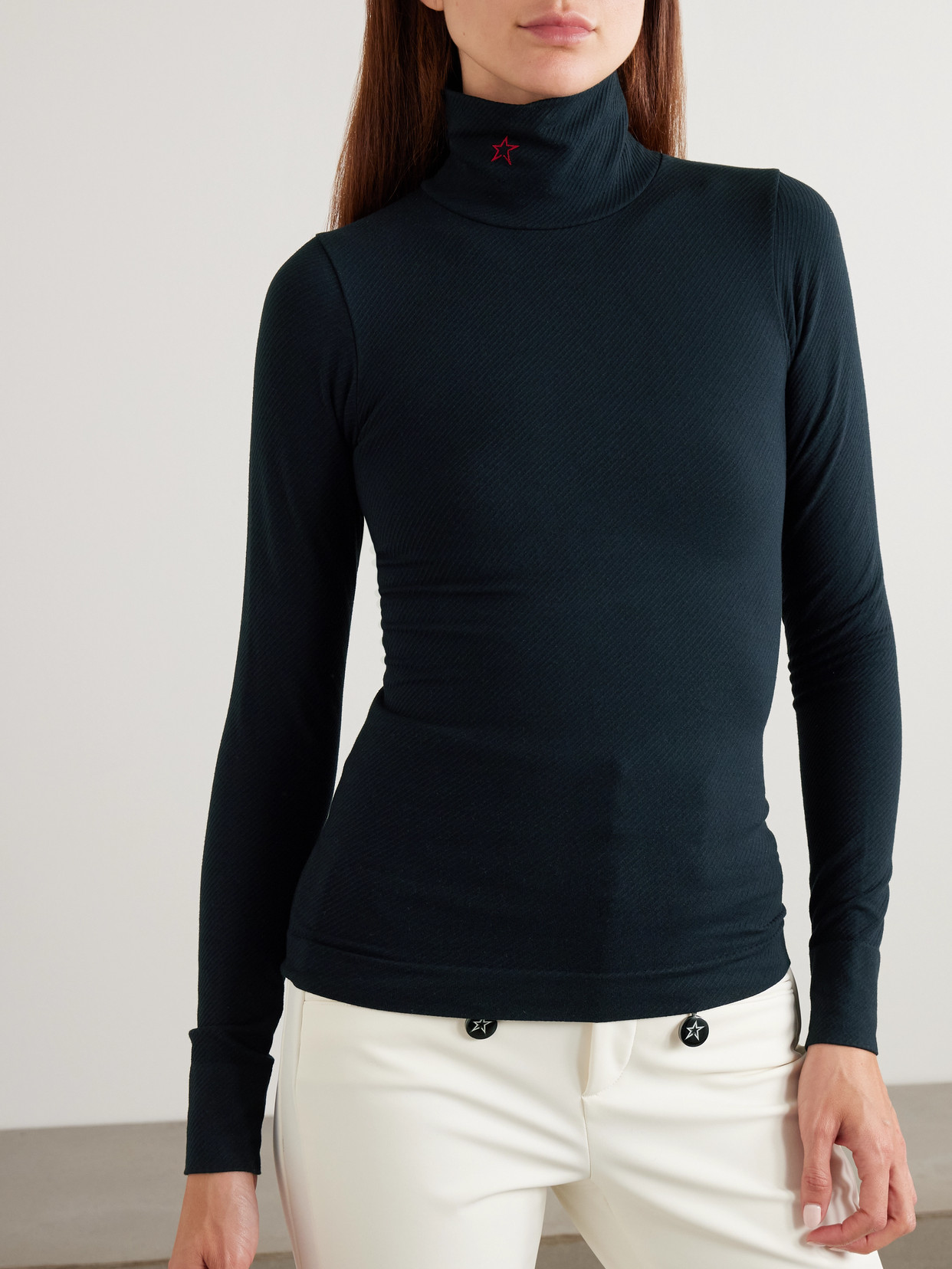 Perfect Moment Ribbed Thermal Modal-blend Turtleneck Top In Black