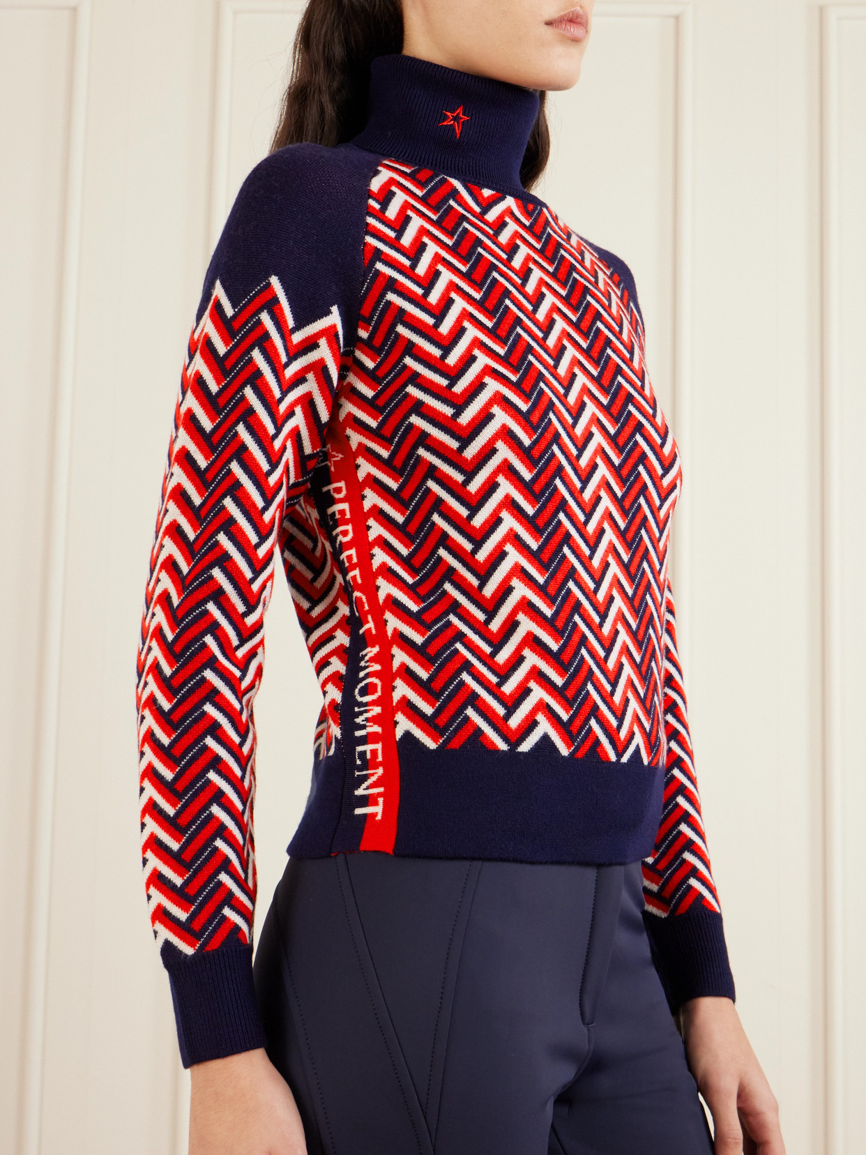 Perfect Moment Jacquard-knit Wool Turtleneck Sweater In Red