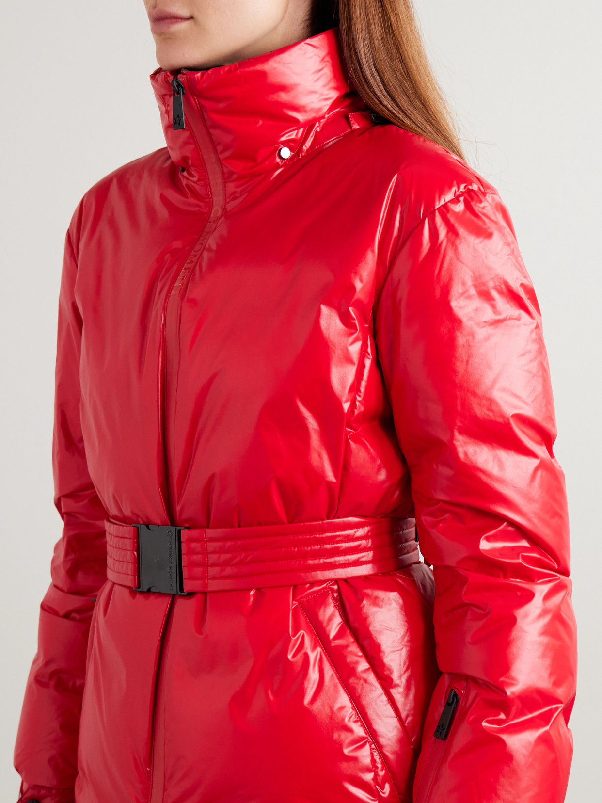 Perfect Moment Candice Hooded Belted Down Ski Jacket In Red