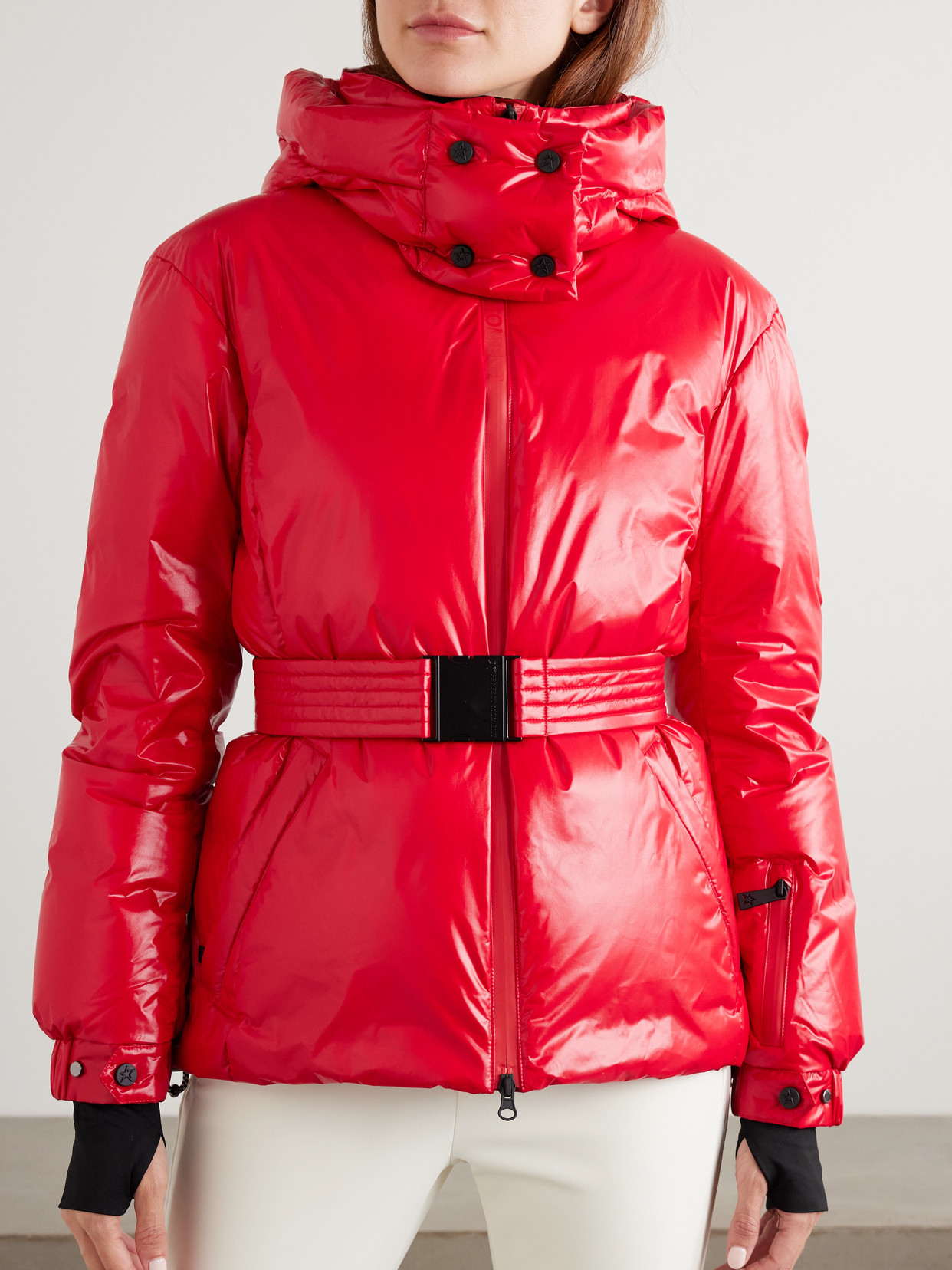 Perfect Moment Candice Hooded Belted Down Ski Jacket In Red