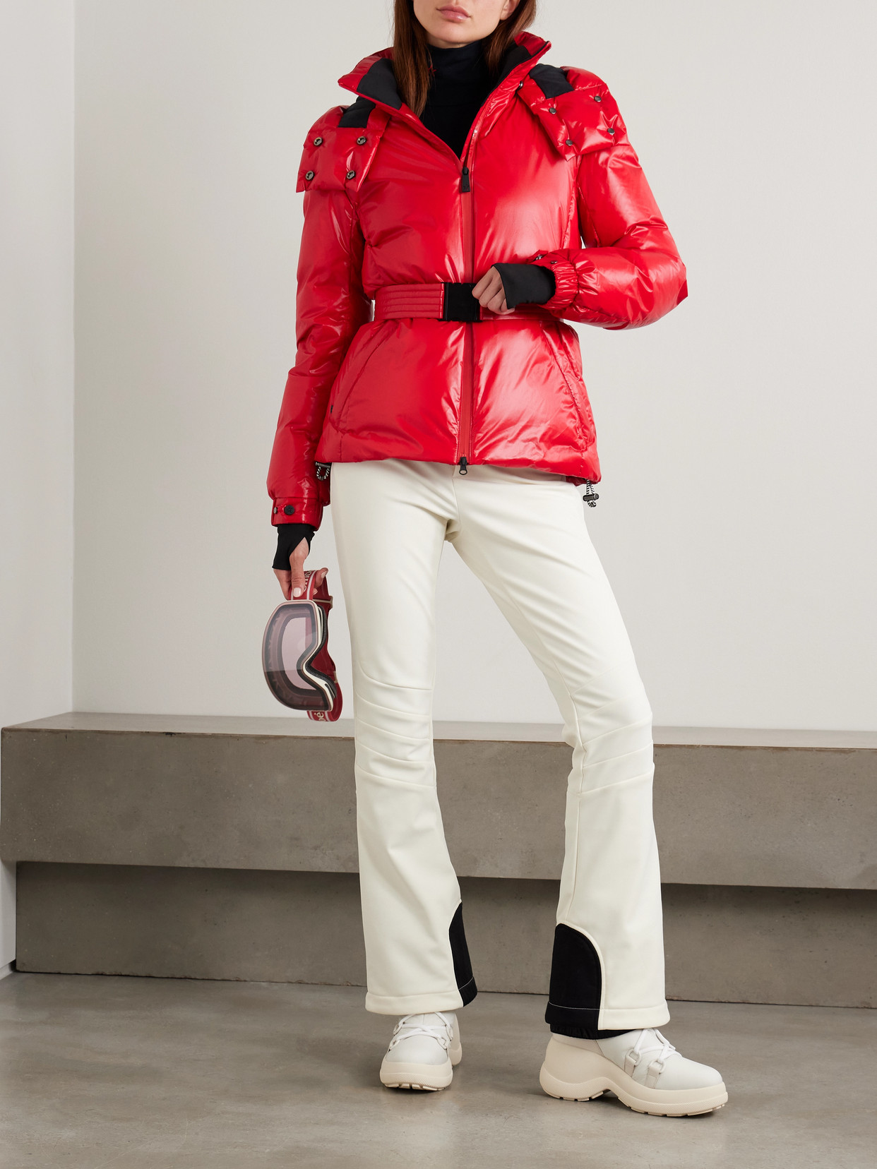 Perfect Moment Candice Hooded Belted Down Ski Jacket In Red