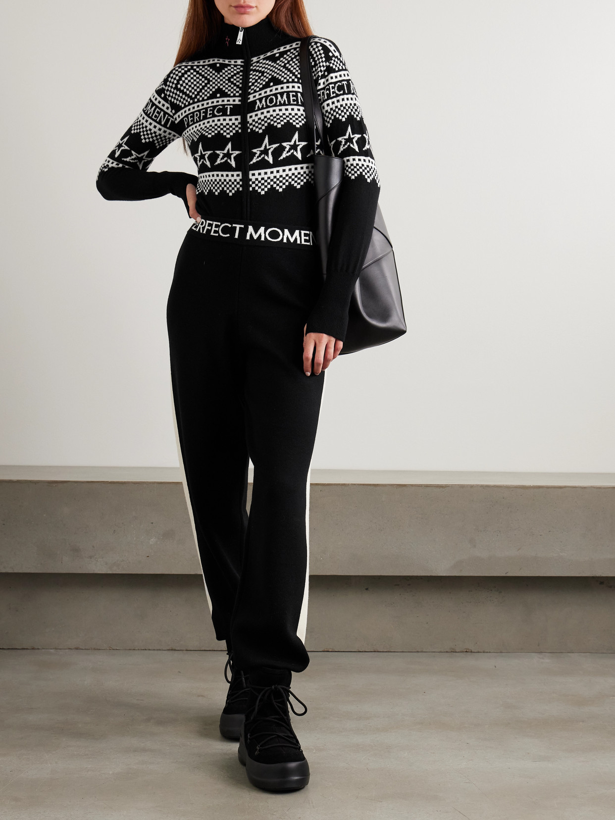 Perfect Moment Holiday Intarsia Merino Wool Bodysuit In Black