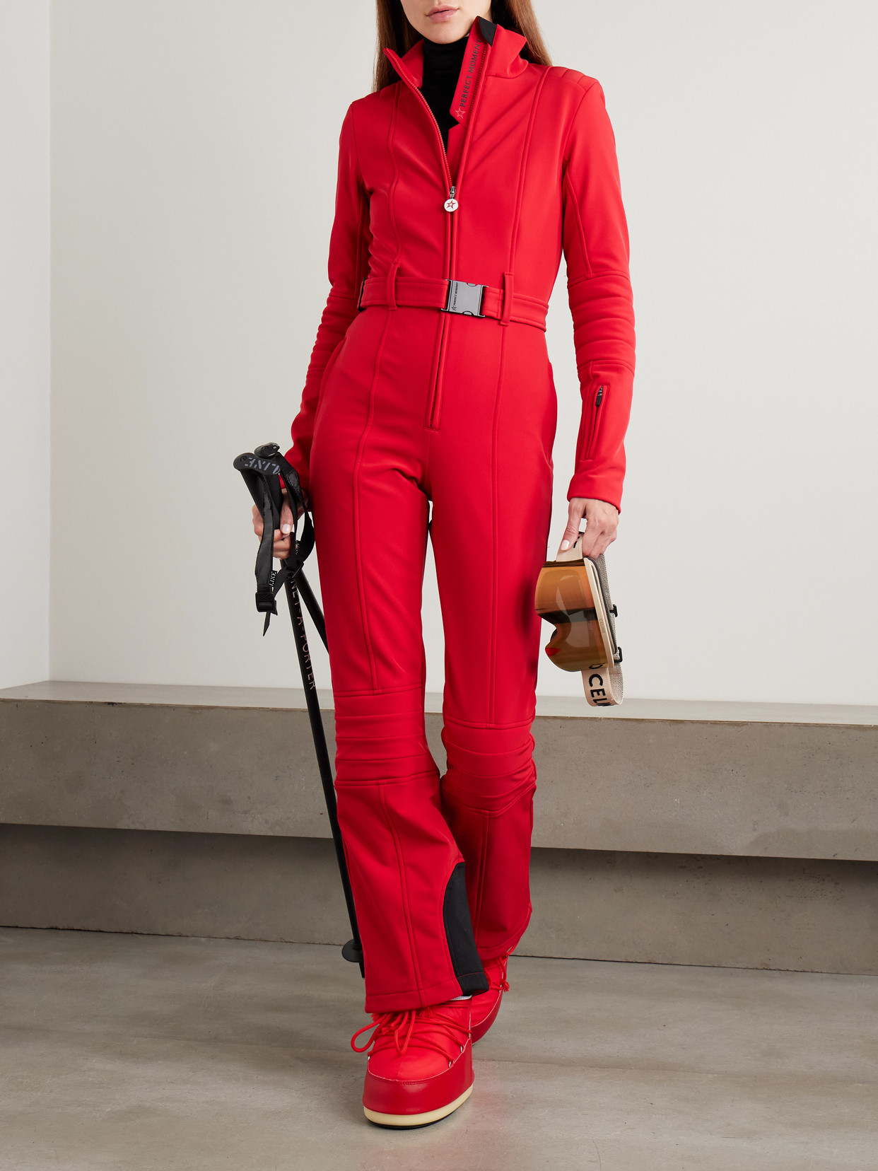 Perfect Moment Jg Belted Padded Down Ski Suit In Red