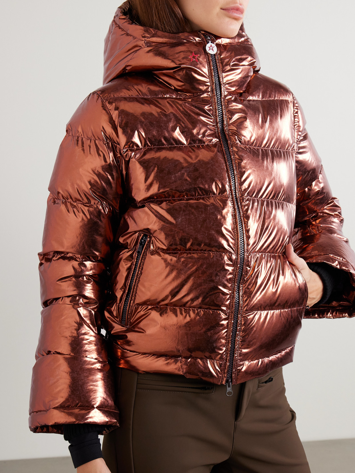 Perfect Moment Polar Flare Metallic Quilted Down Ski Jacket In Orange
