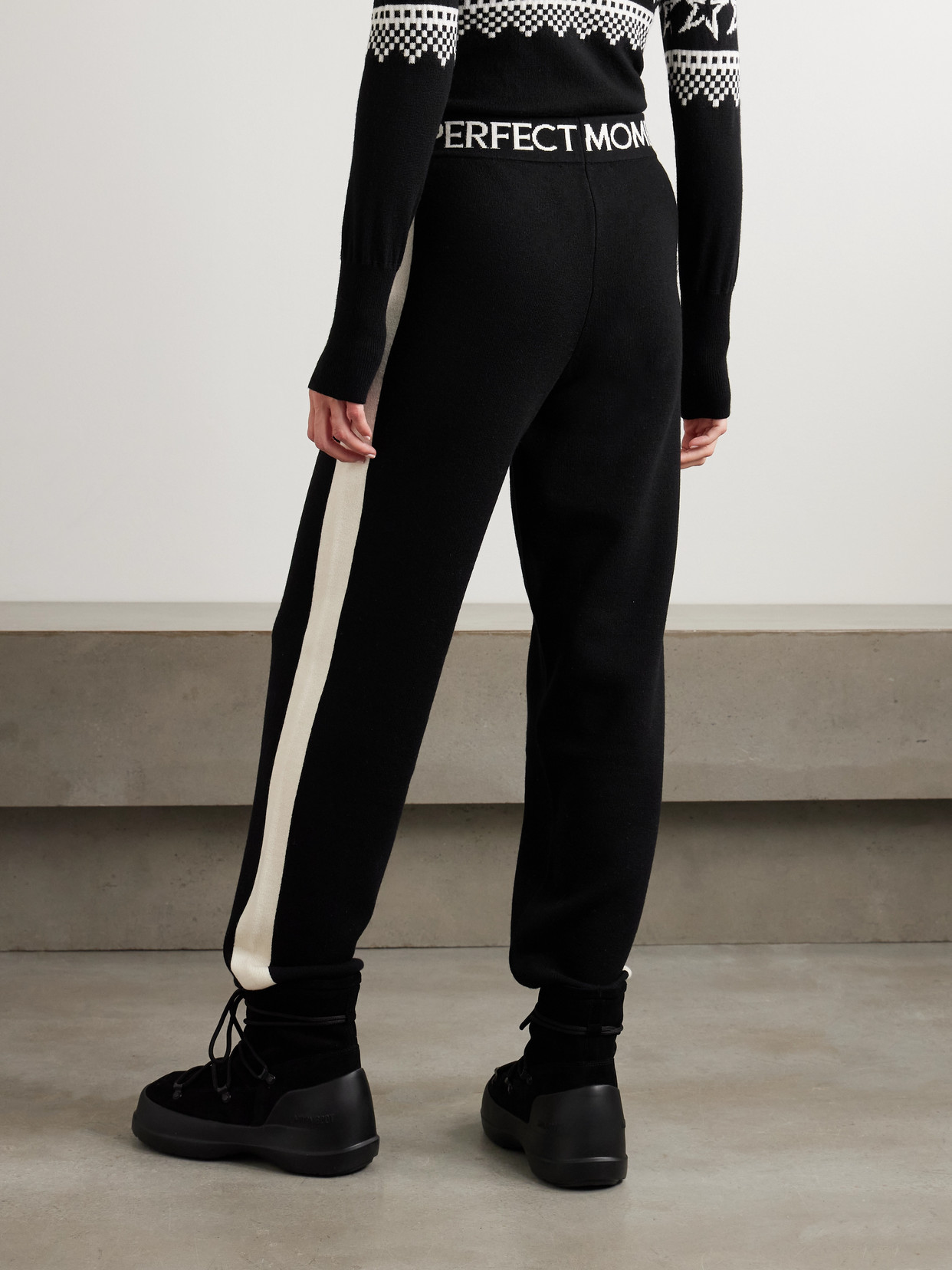 Perfect Moment La Tour Intarsia Wool-blend Tapered Track Pants In Black