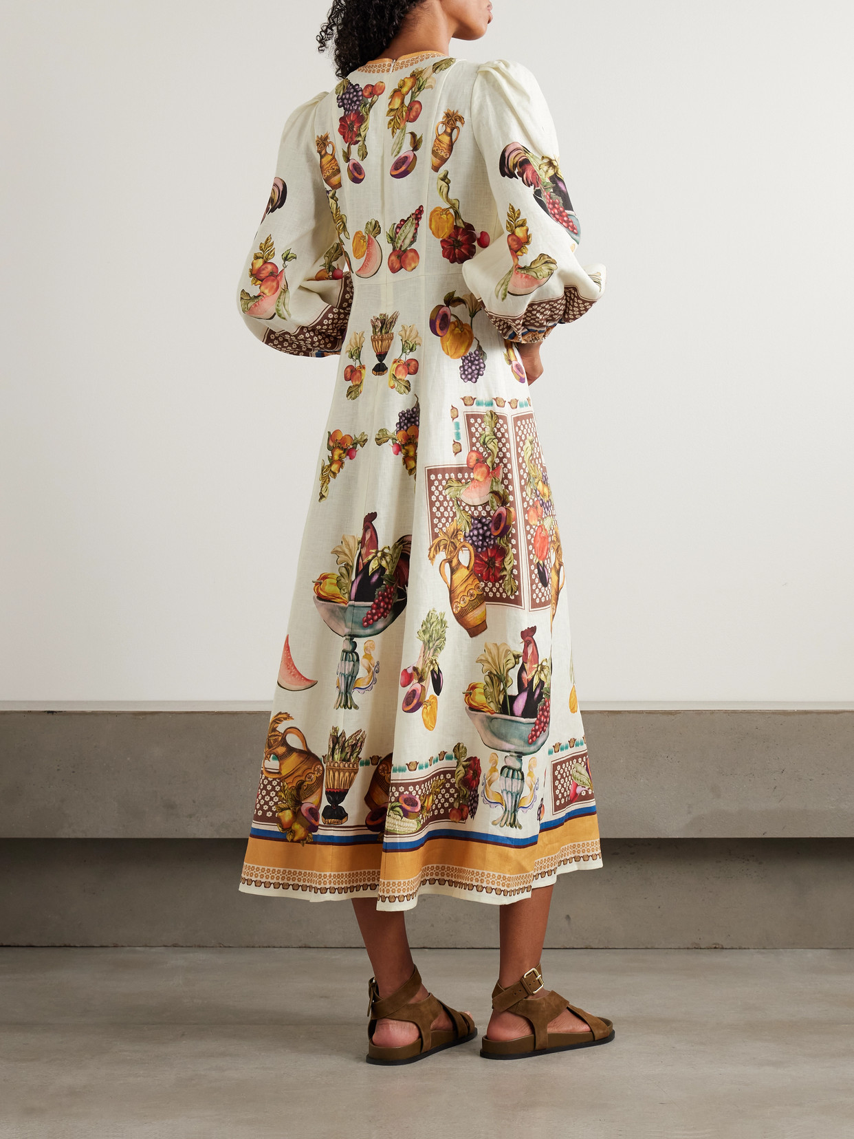 Alemais Mercado Fruit-print Puff-sleeve Midi Dress In Neutral