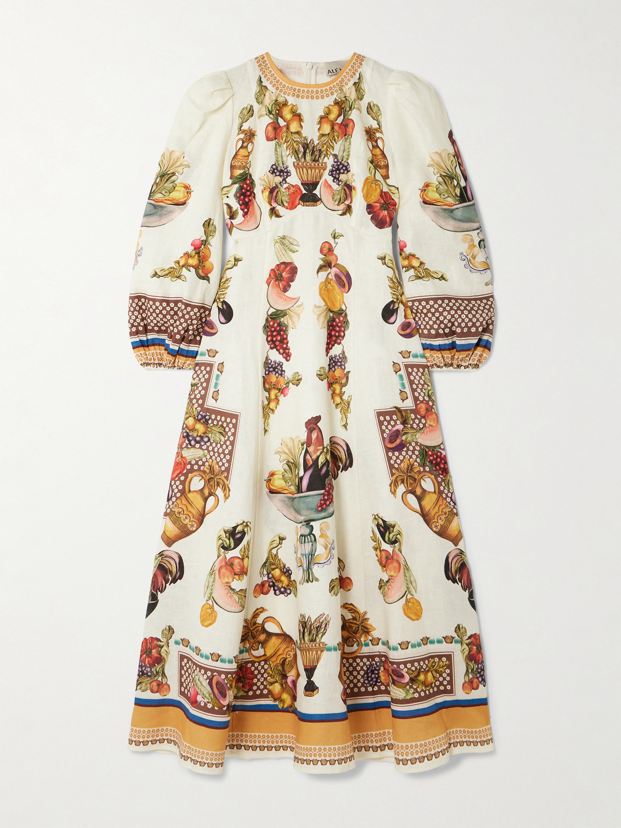 Alemais Mercado Fruit-print Puff-sleeve Midi Dress In Neutral