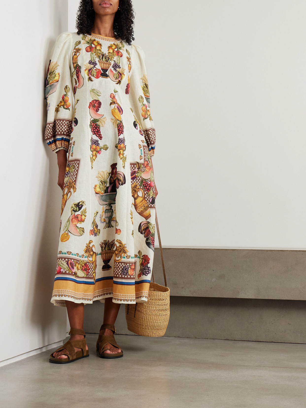 Alemais Mercado Fruit-print Puff-sleeve Midi Dress In Neutral