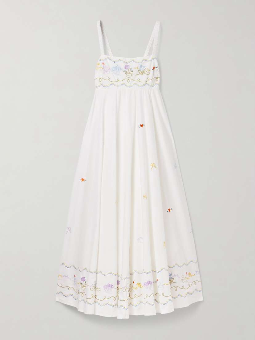 ALEMAIS Giulia Shirred Embroidered Organic Cotton-poplin Maxi Dress