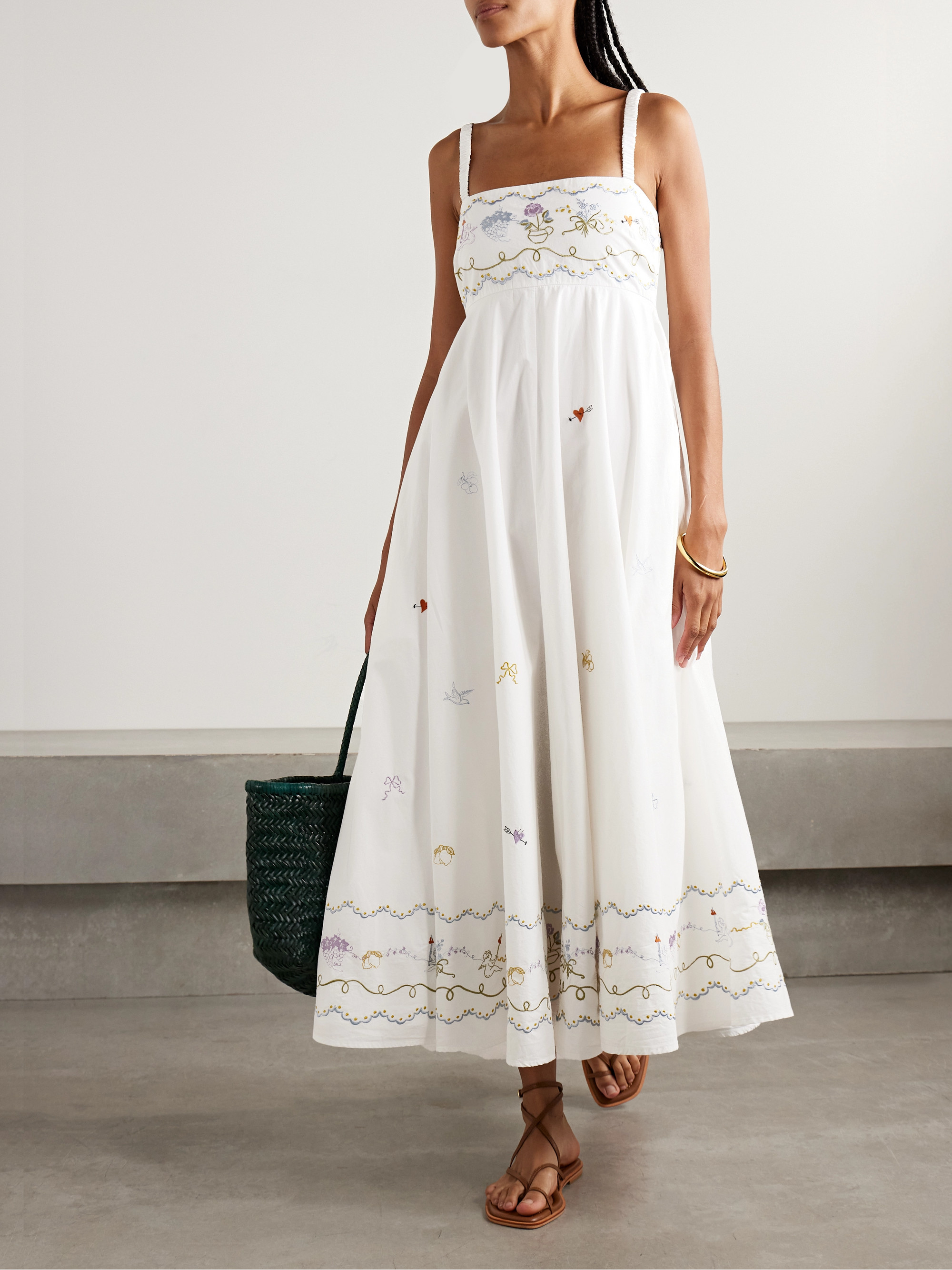 poplin embroidered dress Hot Orange Hand-Embroidered Cotton Poplin Paneled Midi Dress 38
