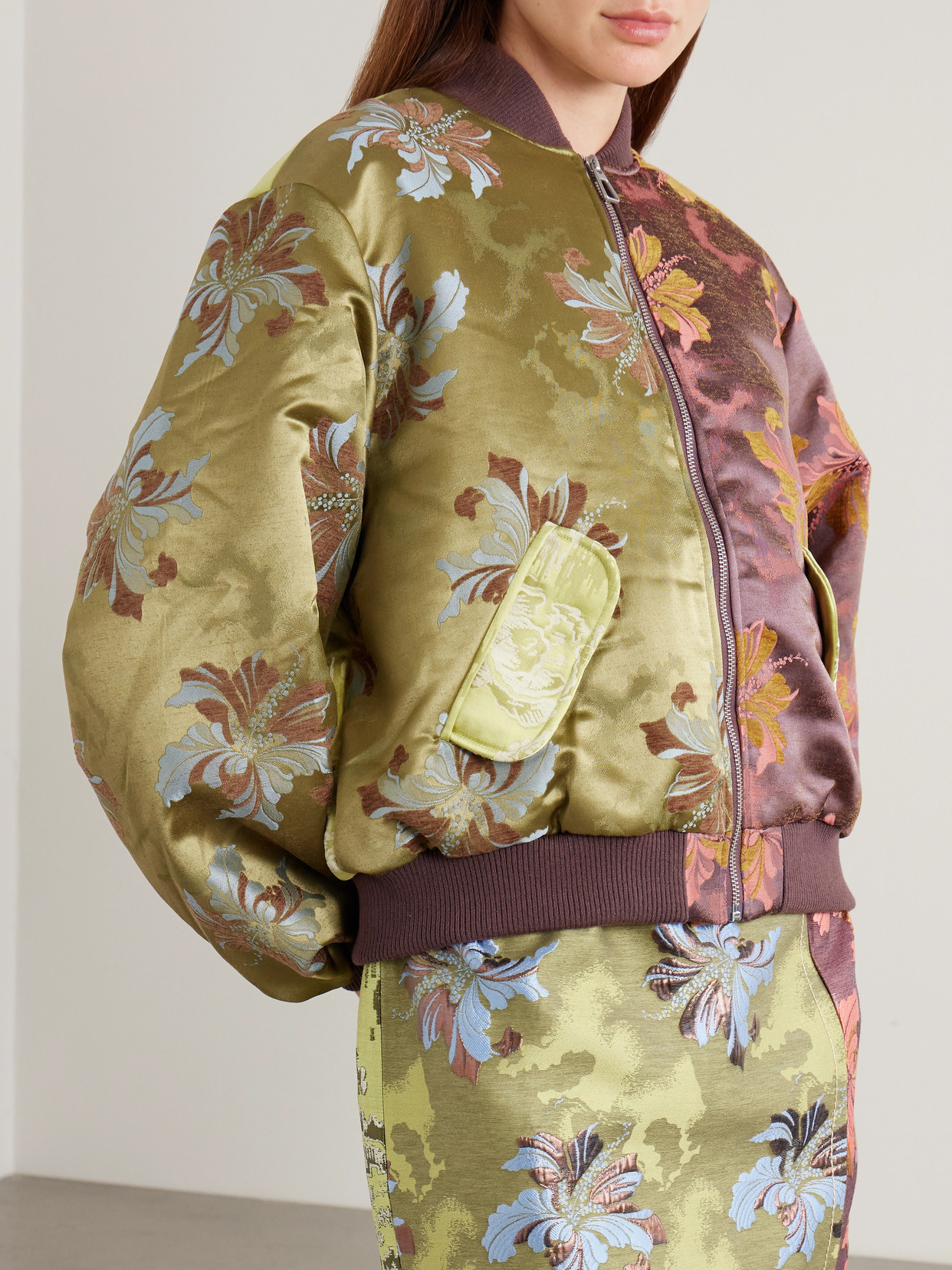 Alemais Adriana Padded Floral-brocade Bomber Jacket In Green
