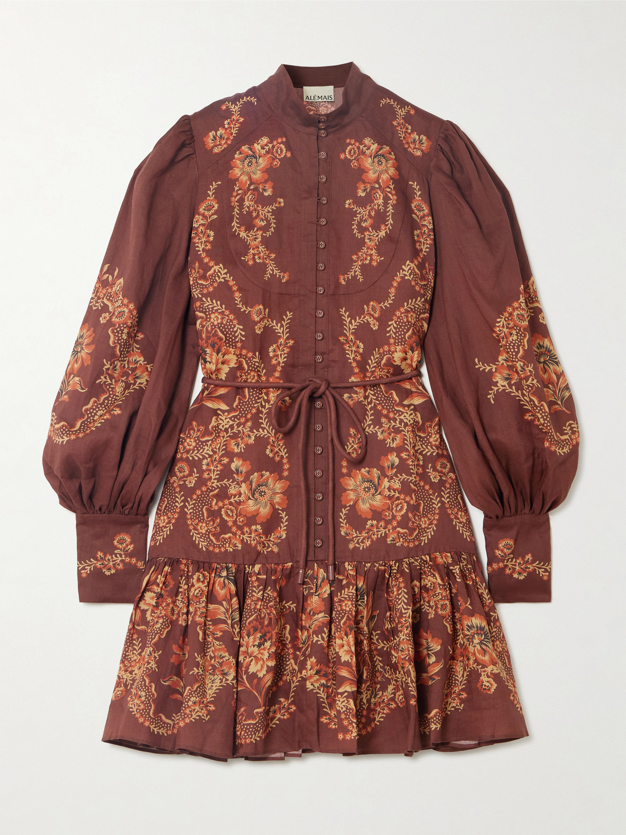 Alemais Seraphina Belted Tiered Printed Ramie Mini Dress In Brown