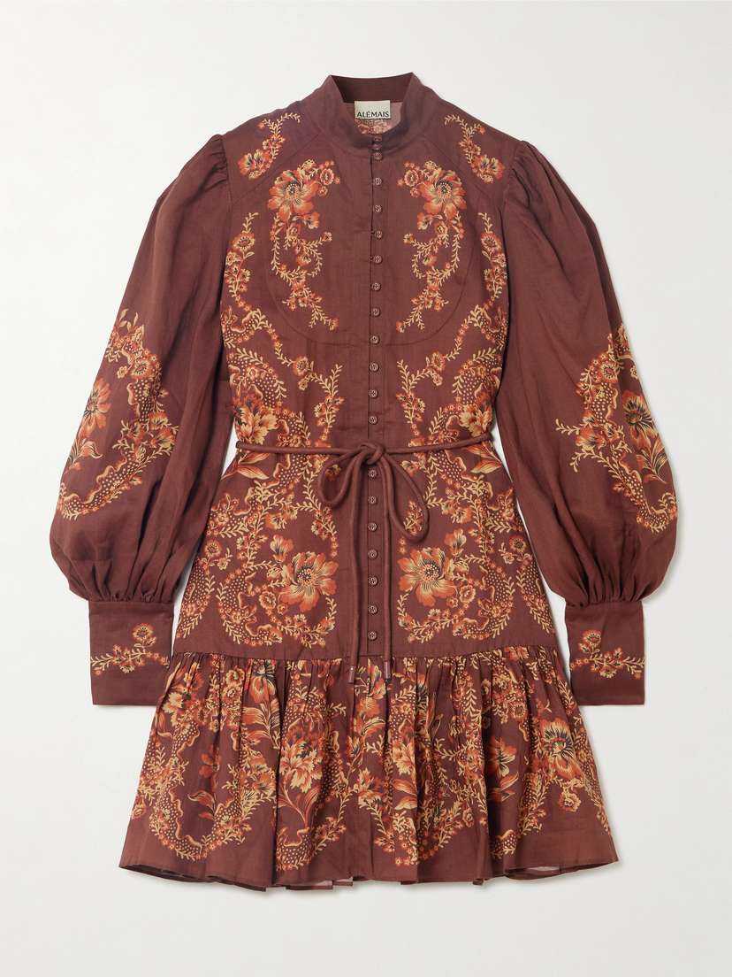 ALEMAIS Seraphina Belted Tiered Printed Ramie Mini Dress