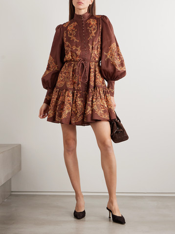 Alémais Seraphina belted tiered printed ramie mini dress