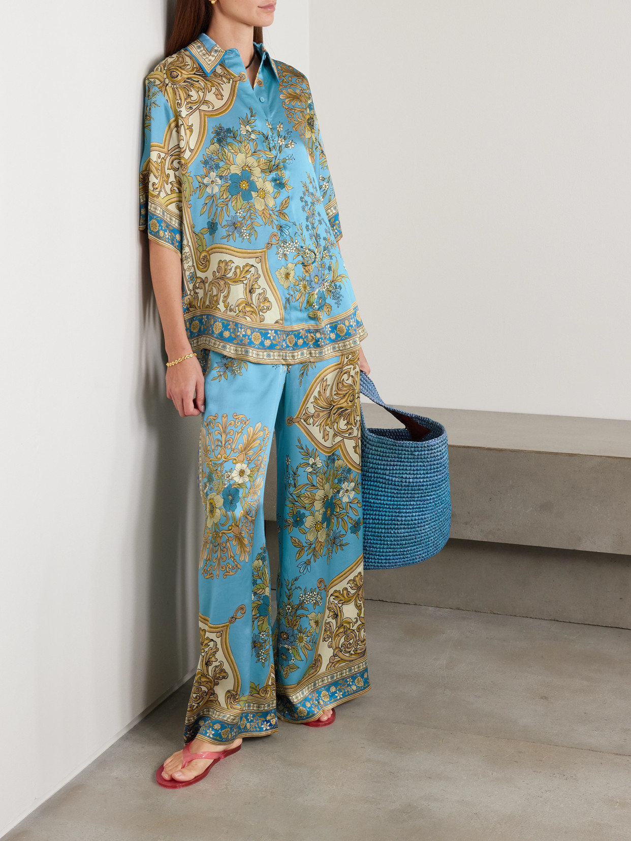 Alemais Cassie Printed Silk-satin Wide-leg Pants In Blue