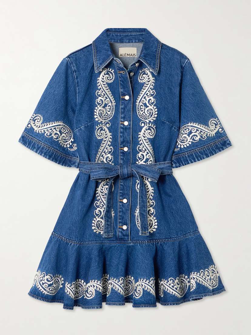 ALEMAIS Jacones Belted Embroidered Denim Mini Dress