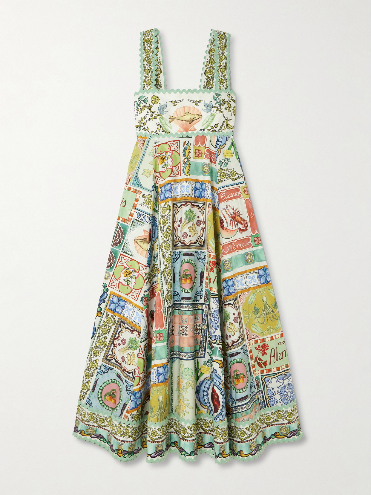 Alemais Tommasina Ric Rac-trimmed Printed Cotton-poplin Maxi Dress In Green