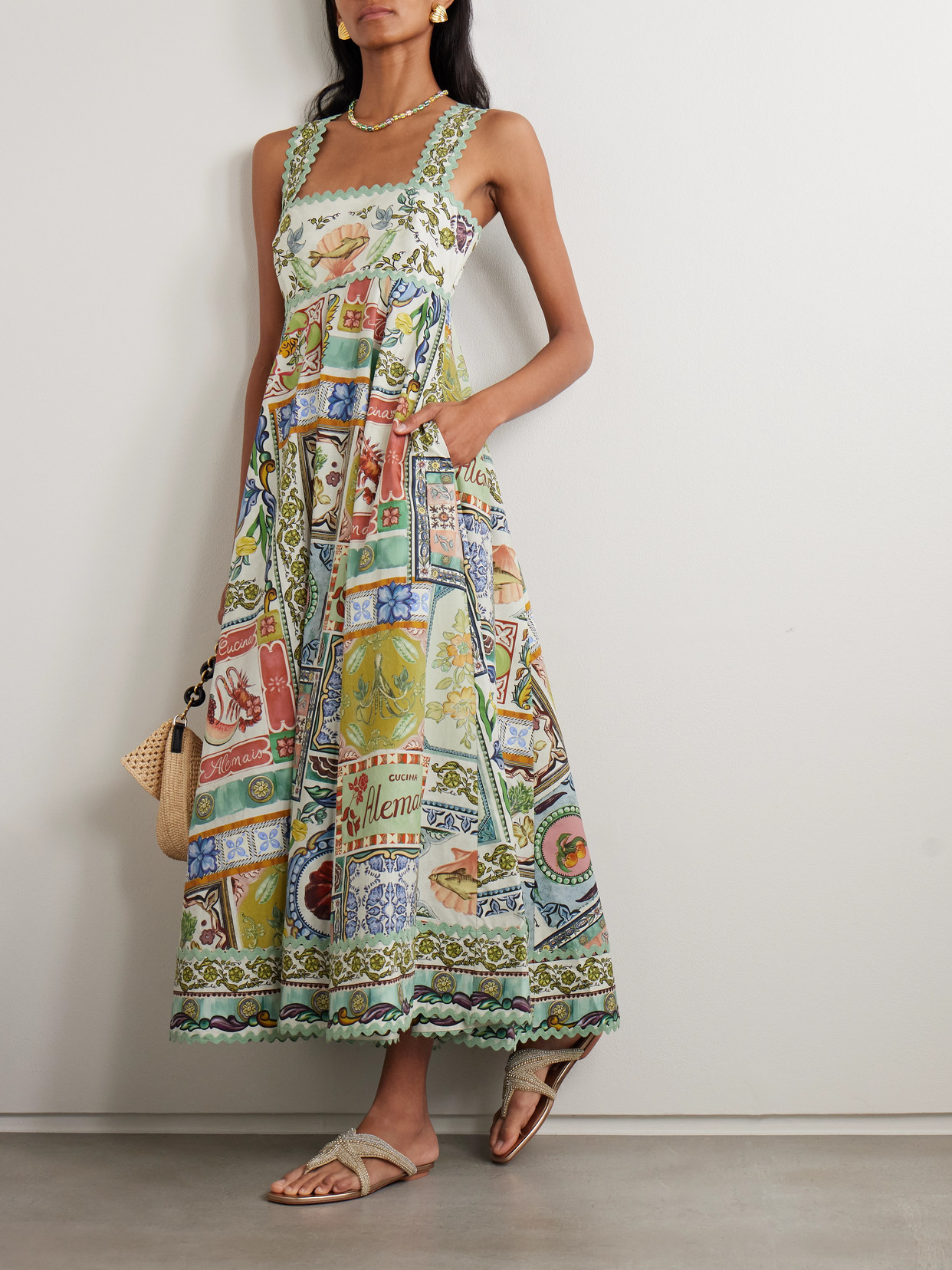 Alemais Tommasina Ric Rac-trimmed Printed Cotton-poplin Maxi Dress In Green