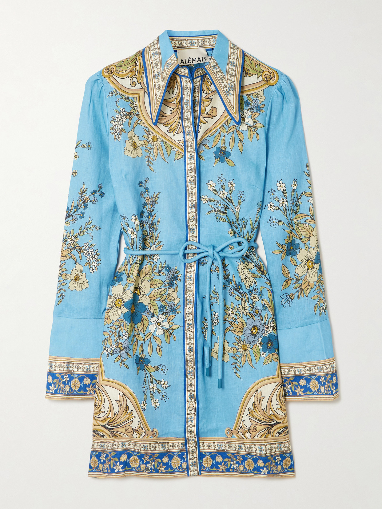 Alemais Cassie Belted Printed Linen Mini Dress In Blue