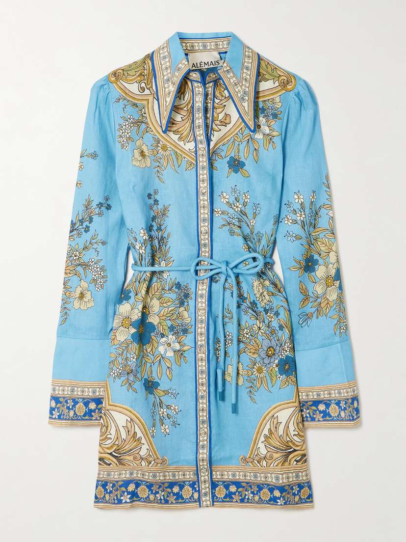 ALEMAIS Cassie Belted Printed Linen Mini Dress