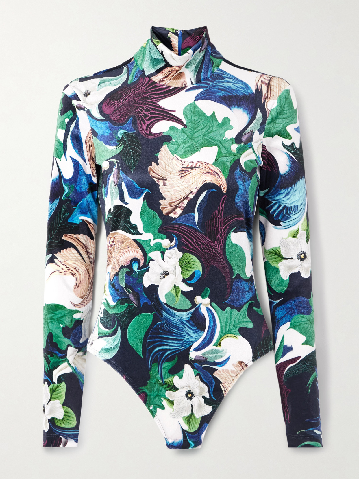 Mary Katrantzou Jordan Printed Stretch-velvet Turtleneck Bodysuit In Blue