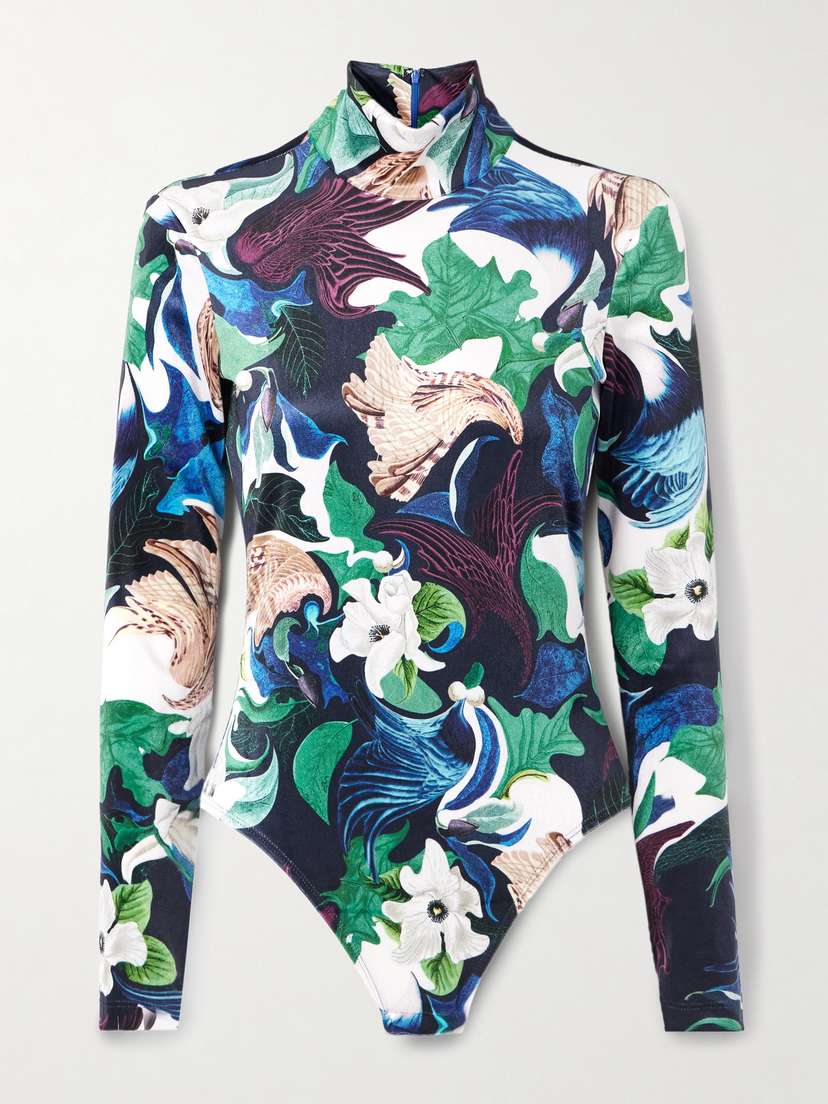 Mary Katrantzou Jordan Printed Stretch-velvet Turtleneck Bodysuit