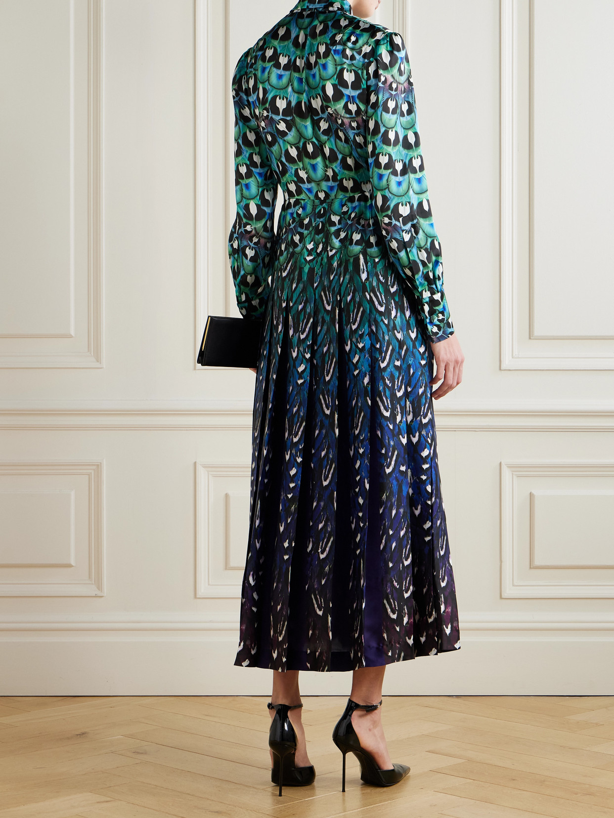 Mary Katrantzou Alexis Pussy-bow Pleated Printed Satin Midi Dress In Blue