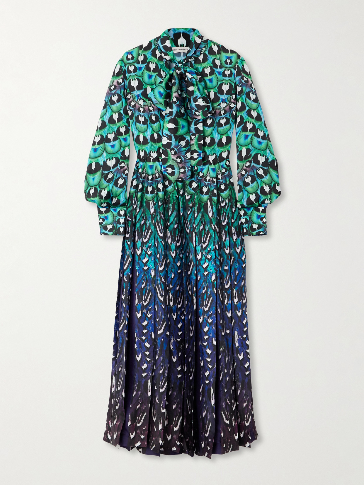 Mary Katrantzou Alexis Pussy-bow Pleated Printed Satin Midi Dress In Blue