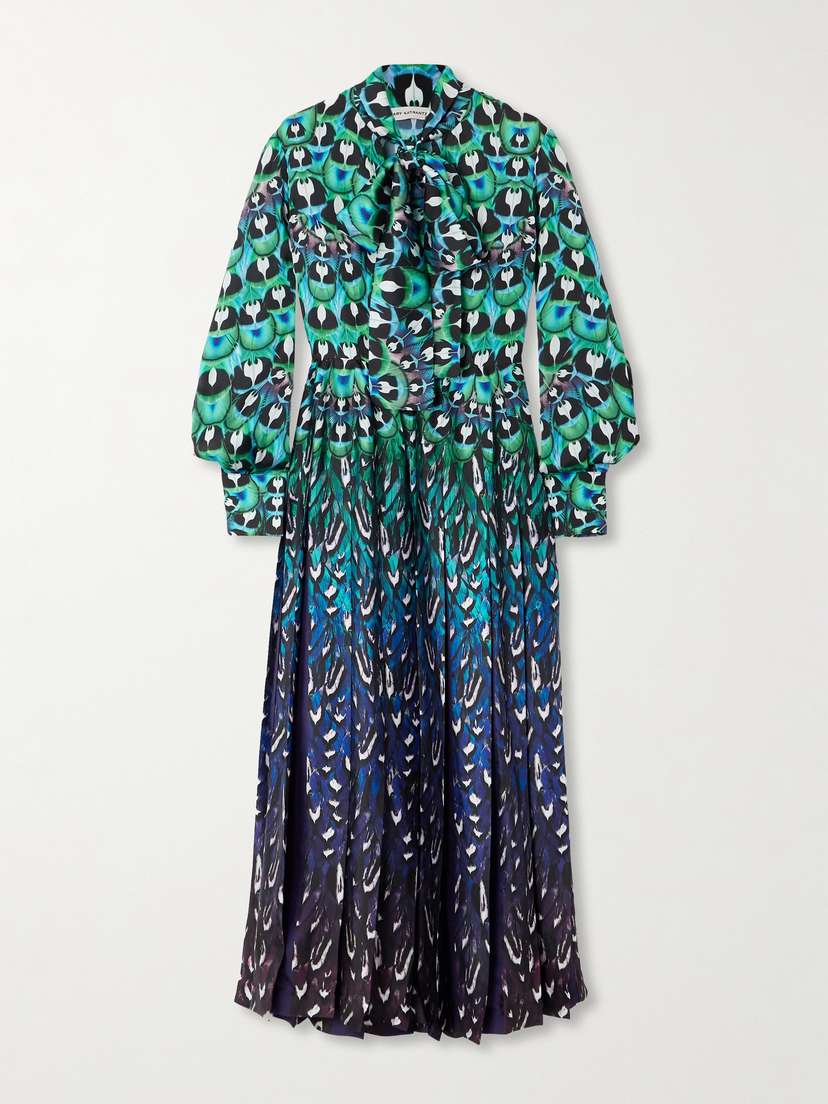 Mary Katrantzou Alexis Pussy-bow Pleated Printed Satin Midi Dress