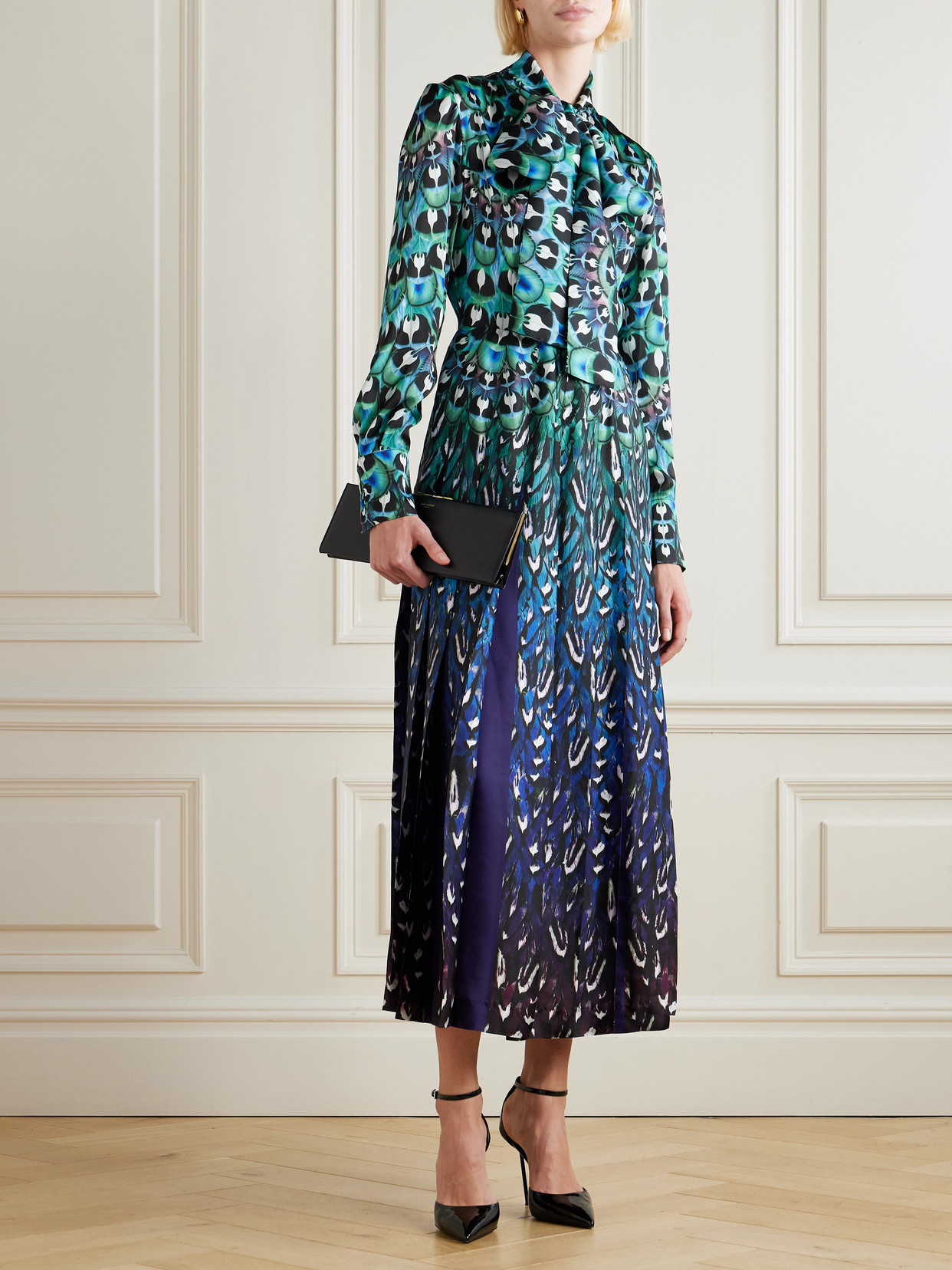Mary Katrantzou Alexis Pussy-bow Pleated Printed Satin Midi Dress In Blue