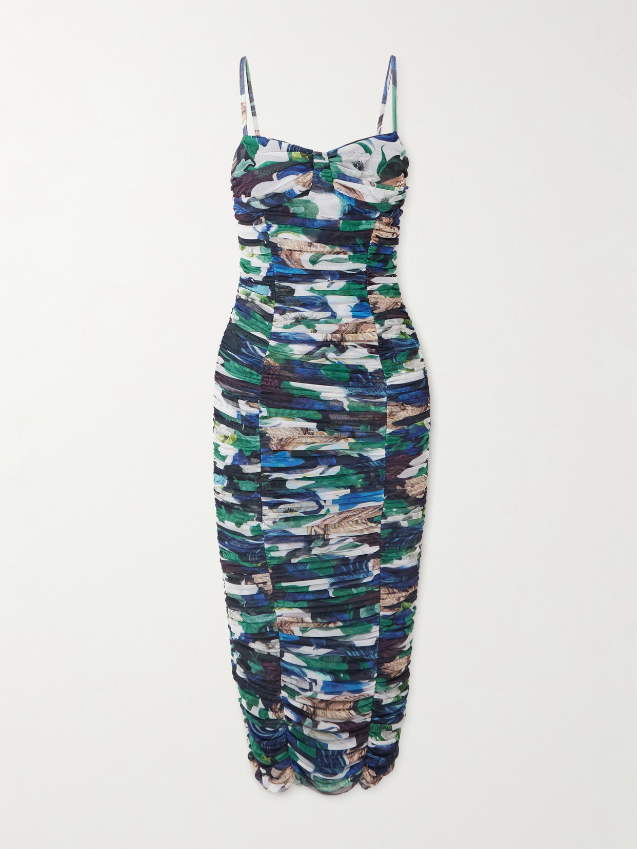 Mary Katrantzou Ruched Printed Stretch-tulle Midi Dress In Multi