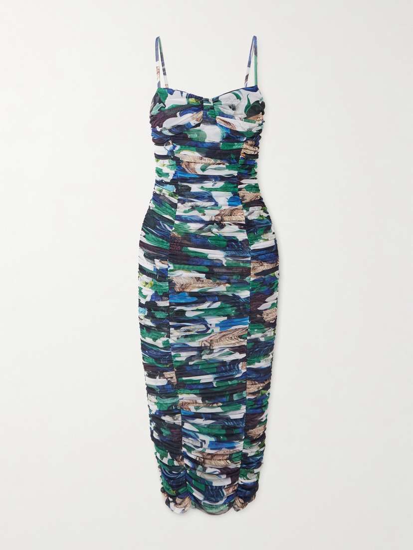 Mary Katrantzou Ruched Printed Stretch-tulle Midi Dress