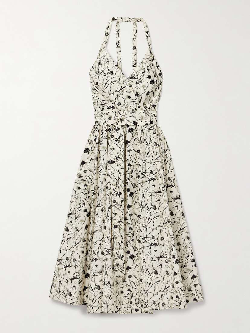 Proenza Schouler White Label Rhea Belted Printed Cotton-blend Poplin Halterneck Midi Dress