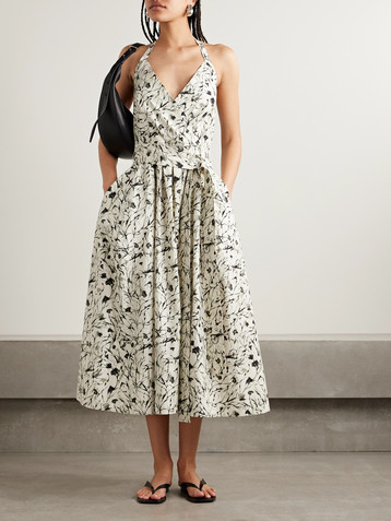 Proenza Schouler White Label Rhea belted printed cotton-blend poplin halterneck midi dress