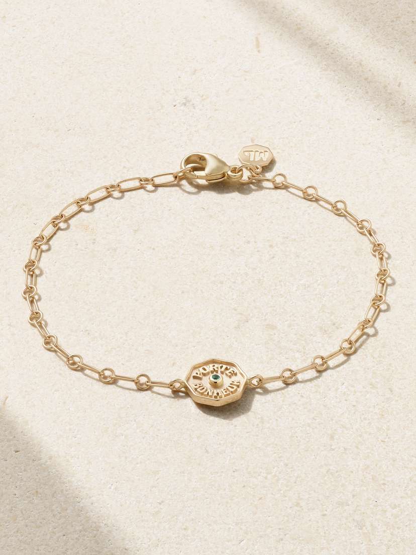 Marlo Laz Wee Porte Bonheur Coin 14-karat Gold Emerald Bracelet