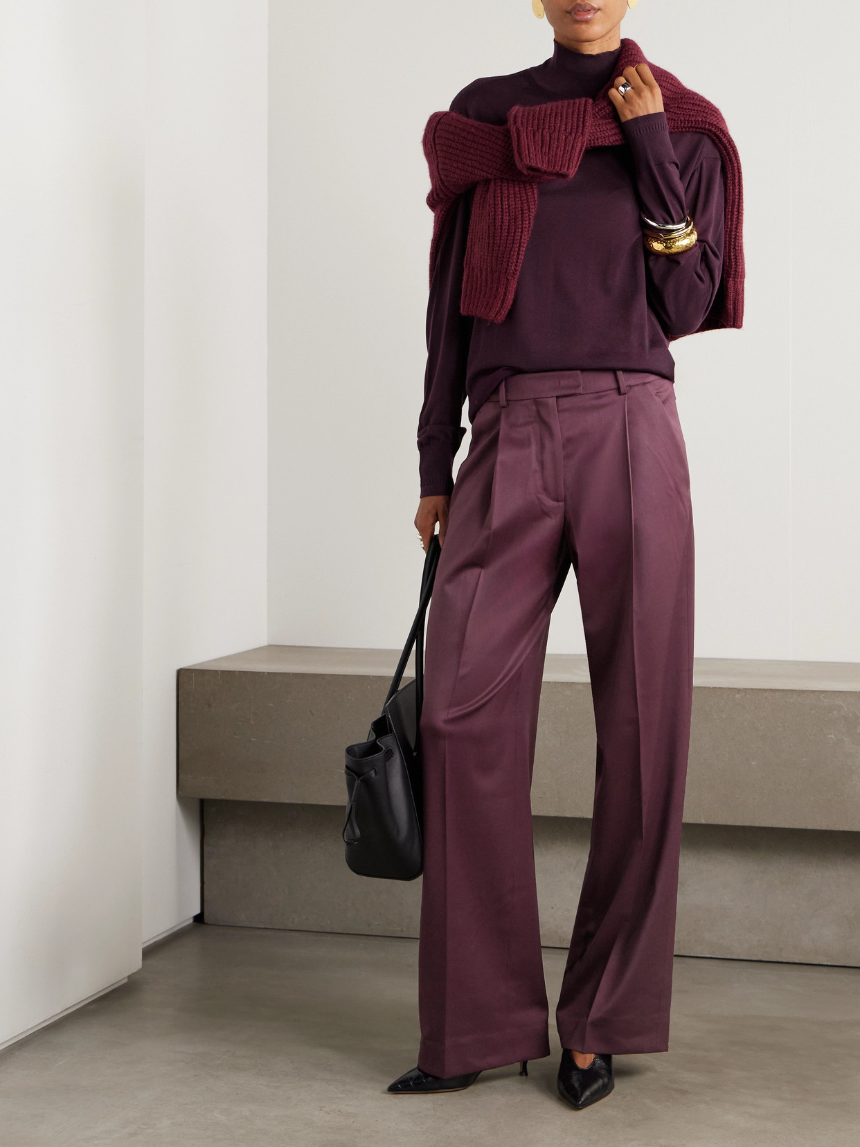 Another Tomorrow Exclusive Oversized Wool Wide-leg Pants In Burgundy