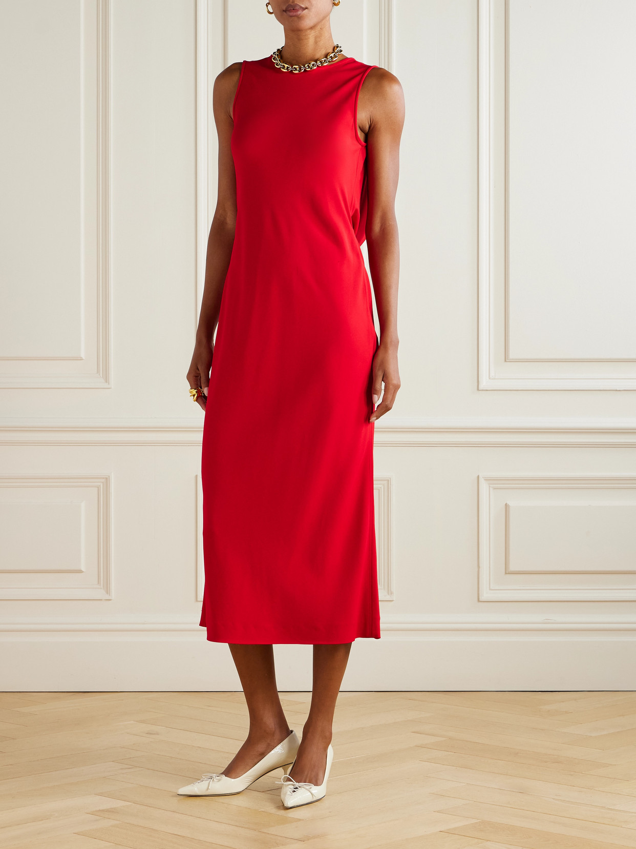 Another Tomorrow Open-back Draped Cotton-blend Crepe Midi Dress In Red