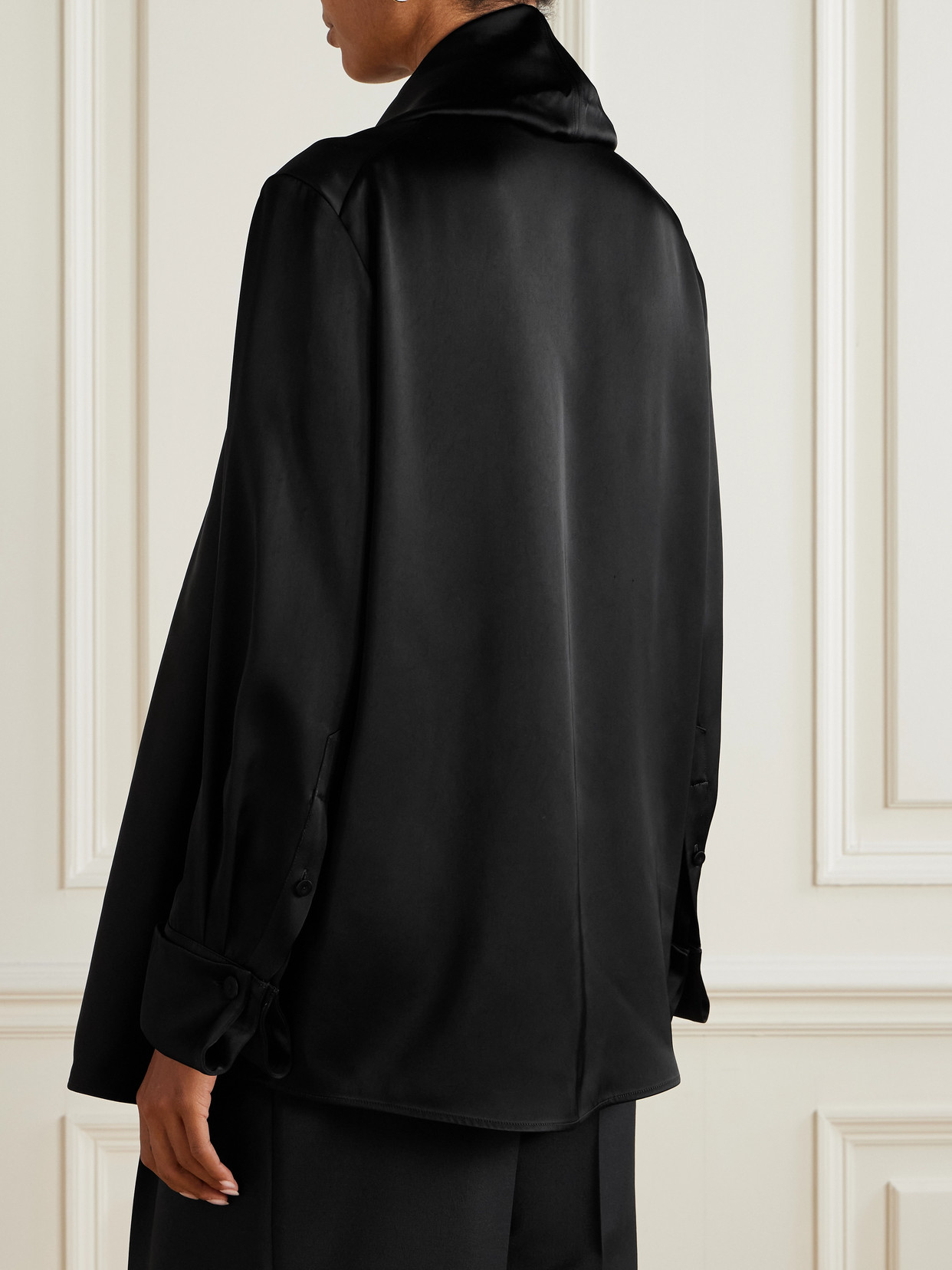 Another Tomorrow Scarf-effect Satin Blouse In Black