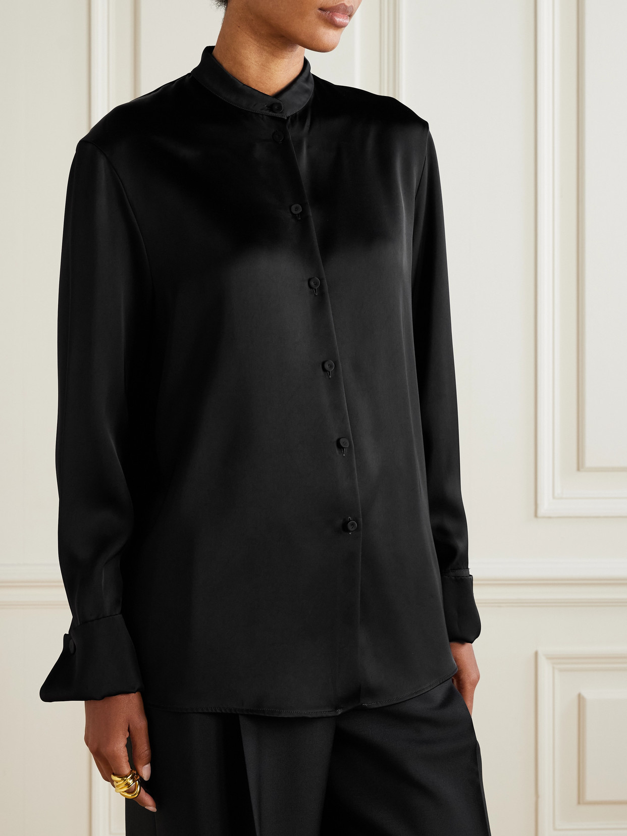 Another Tomorrow Scarf-effect Satin Blouse In Black