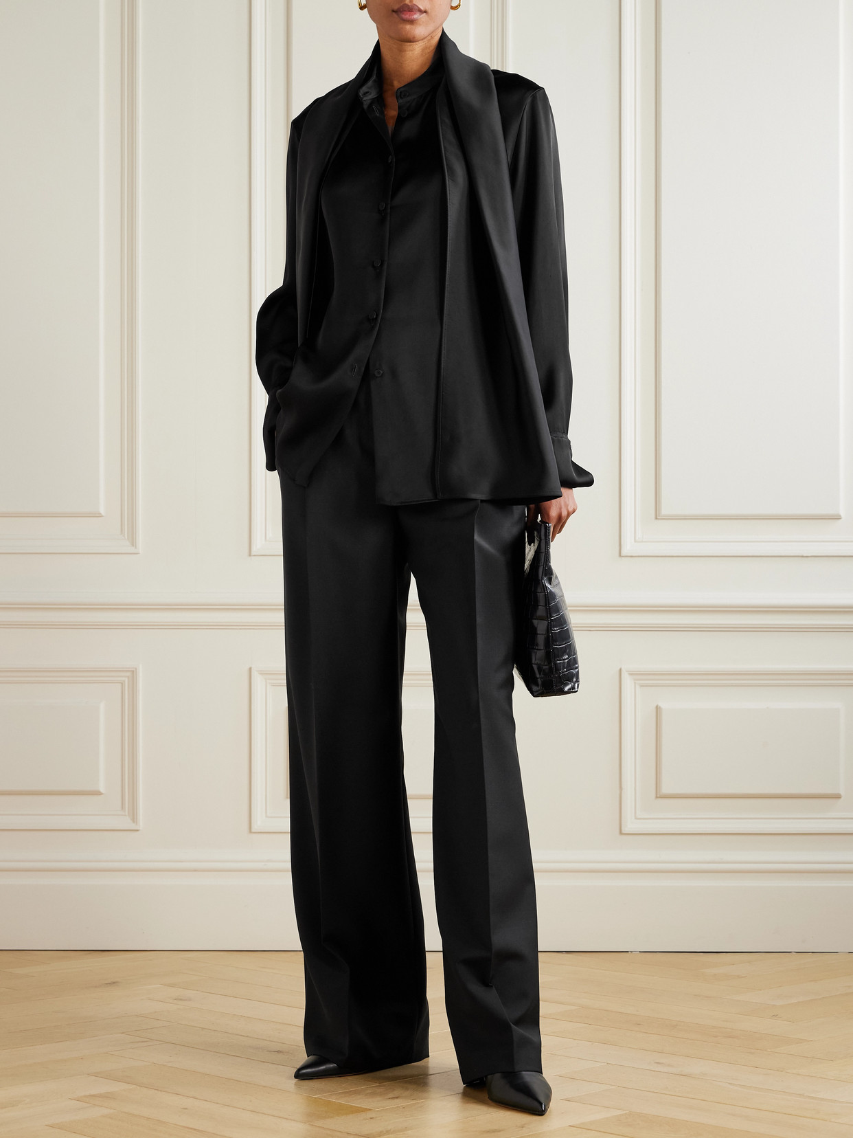Another Tomorrow Scarf-effect Satin Blouse In Black