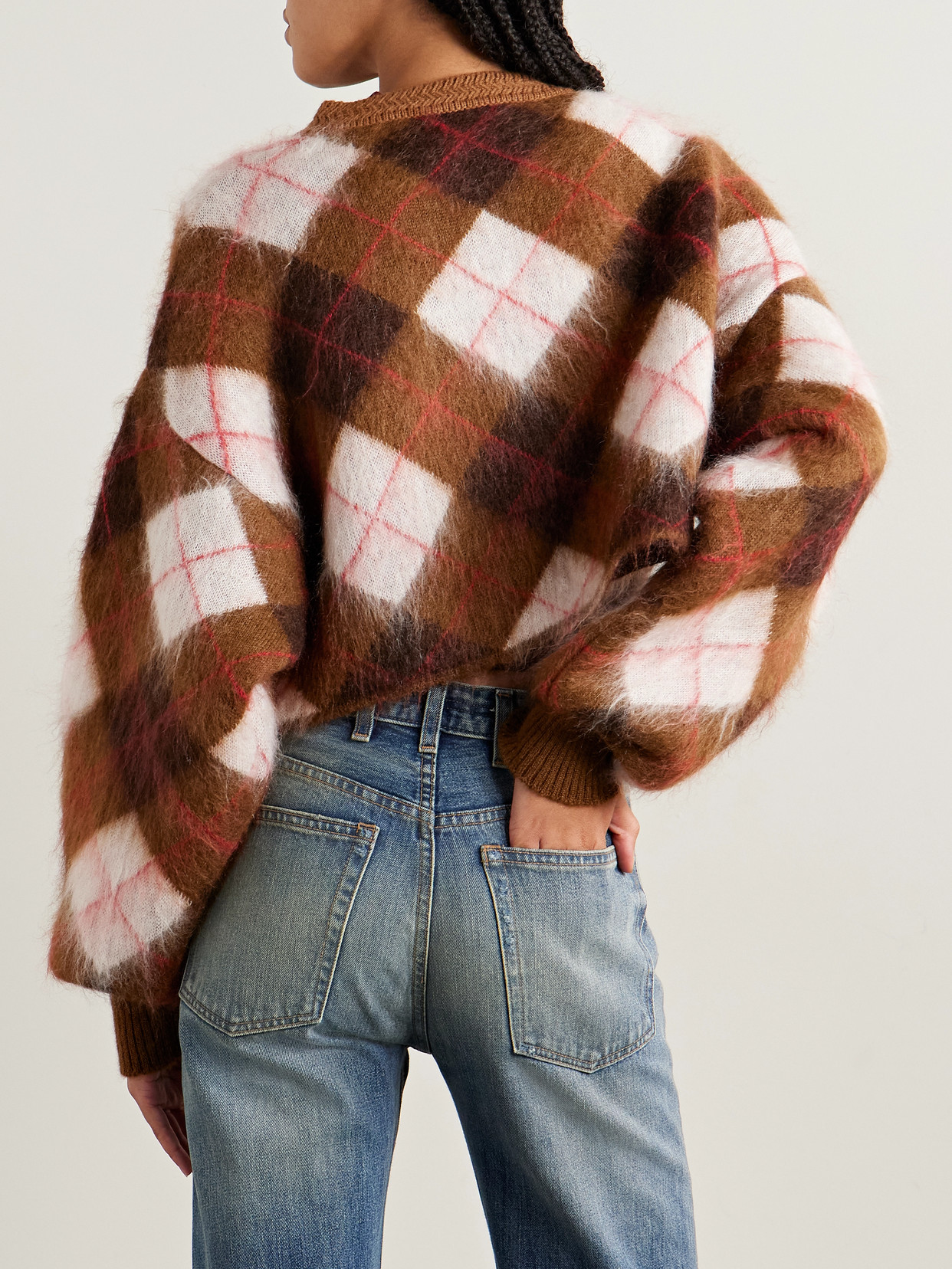 Rùadh The Blane Cropped Argyle Mohair-blend Cardigan In Brown