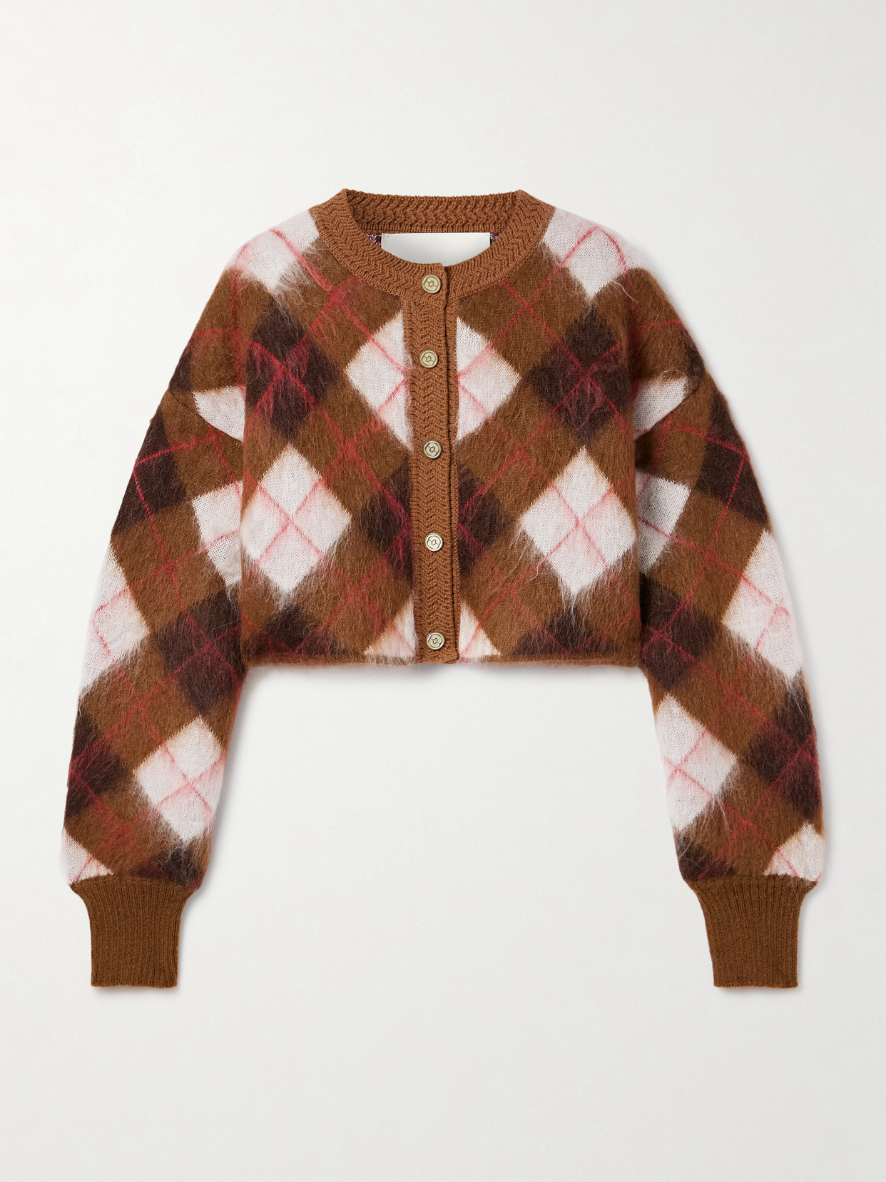 Rùadh The Blane Cropped Argyle Mohair-blend Cardigan In Brown