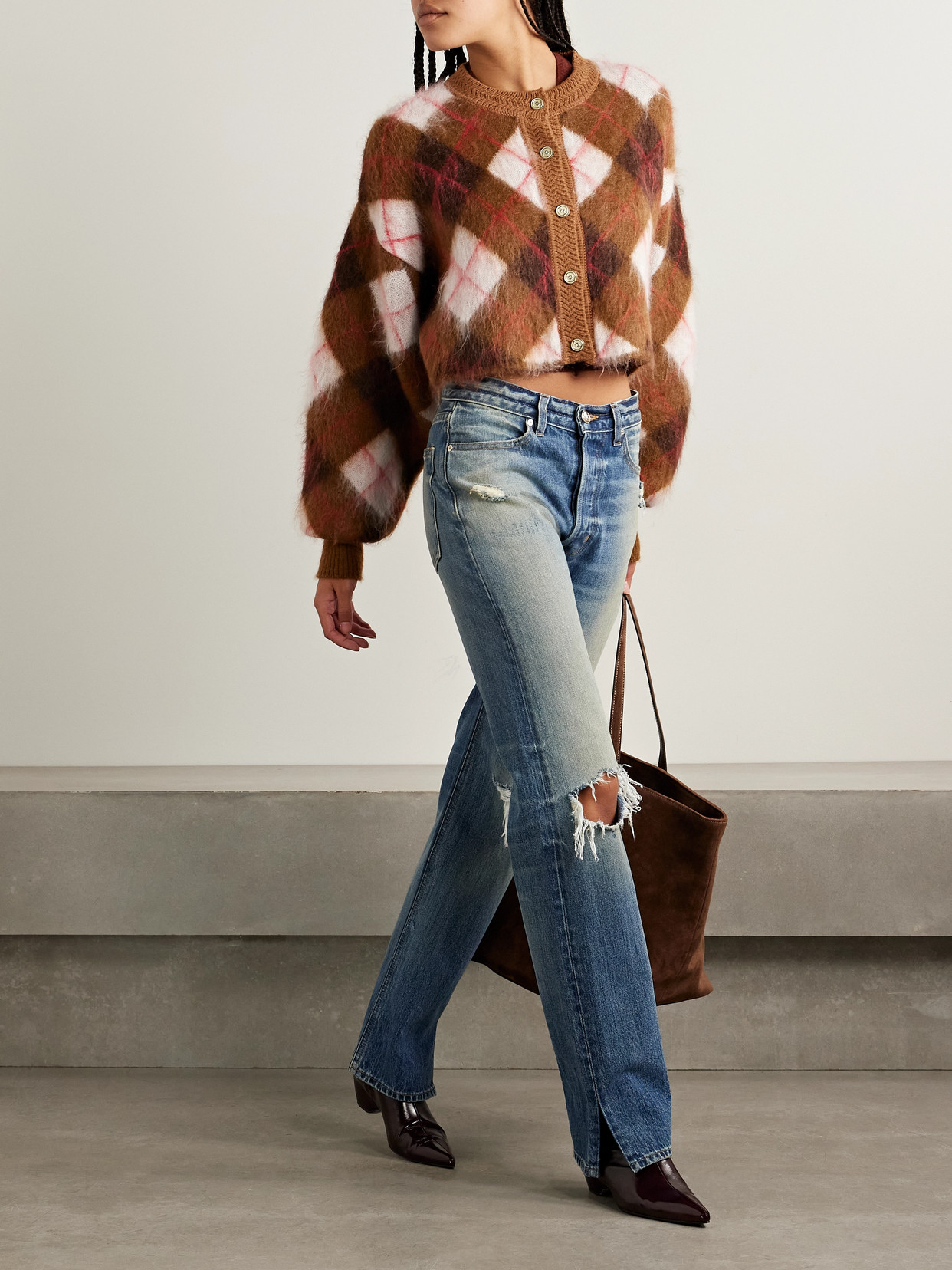 Rùadh The Blane Cropped Argyle Mohair-blend Cardigan In Brown